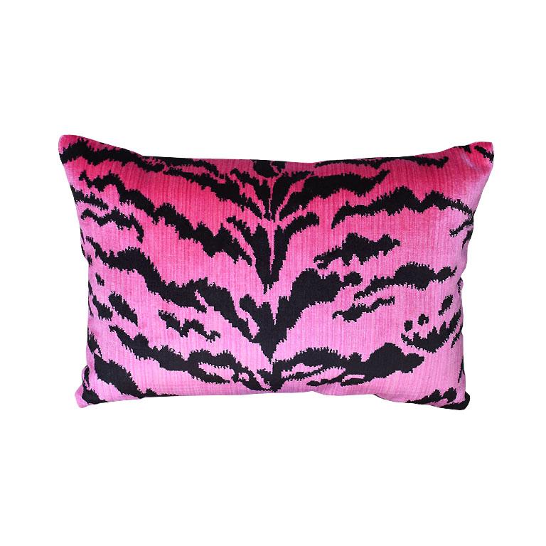 Contemporary Animalia Tiger Print Down Filled Pillow in Pink and Black For Sale