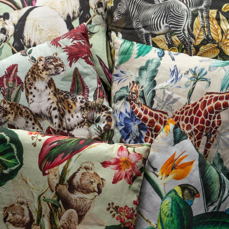 Animalia, Zebras, Contemporary Linen Printed Pillow by Vito Nesta For Sale 1