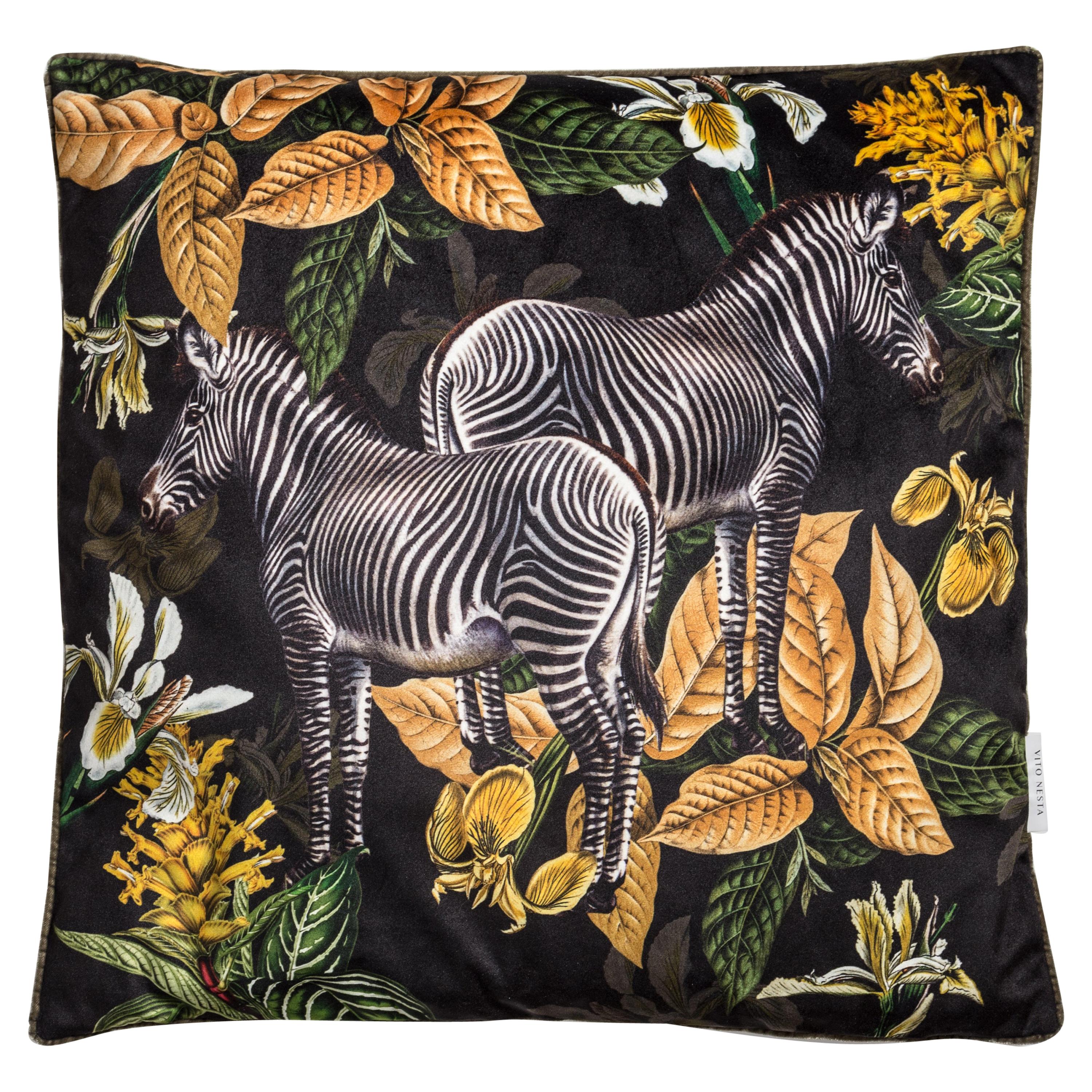 Animalia, Zebras, Contemporary Velvet Printed Pillow by Vito Nesta