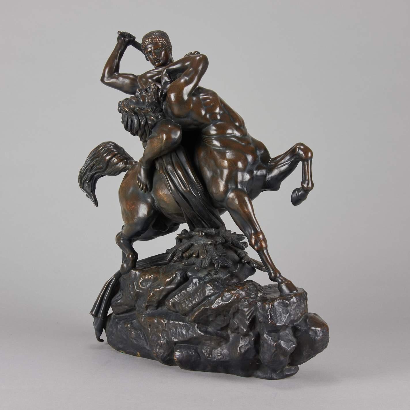 Magnificent bronze group entitled ‘Theseus and the Centaur’ by Antoine L Barye. The bronze with rich black, brown and orange patination and excellent surface detail. Raised on a naturalistic bronze plinth, signed Barye & inscribed F Barbedienne