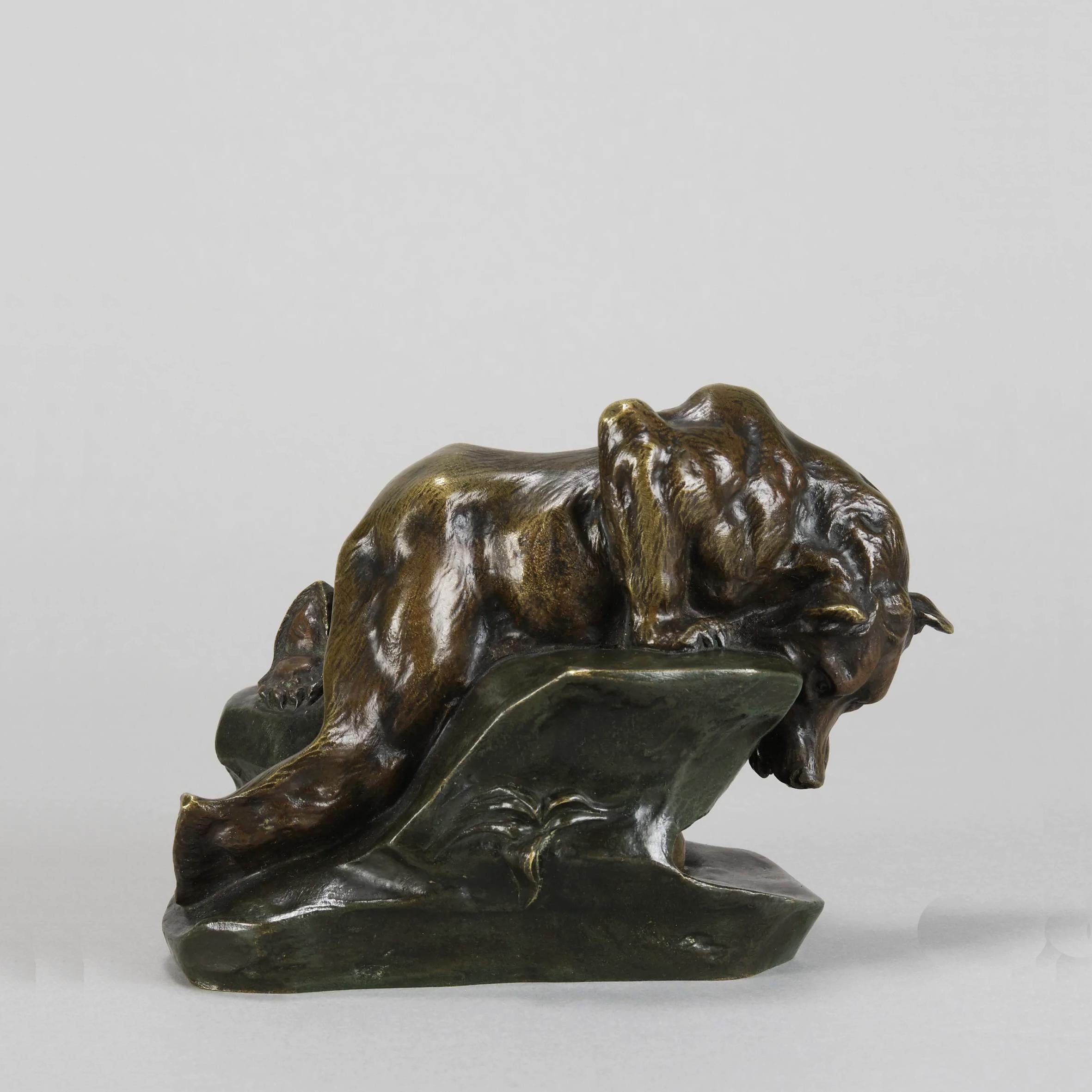 An amusing early 20th Century bronze group of a bear peering over the edge of a rock at a rabbit quietly hiding under a ledge, with excellent rich brown patina and fine hand chased surface detail. Signed Paillet

ADditional information
Measures: