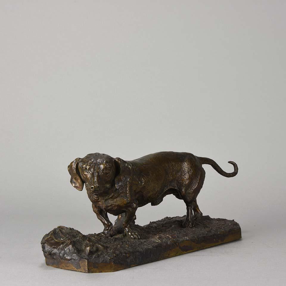 A superb late 19th century French Animalier bronze figure of a standing basset hound with fine rich brown patination and excellent hand finished surface detail, signed P J Mêne.

