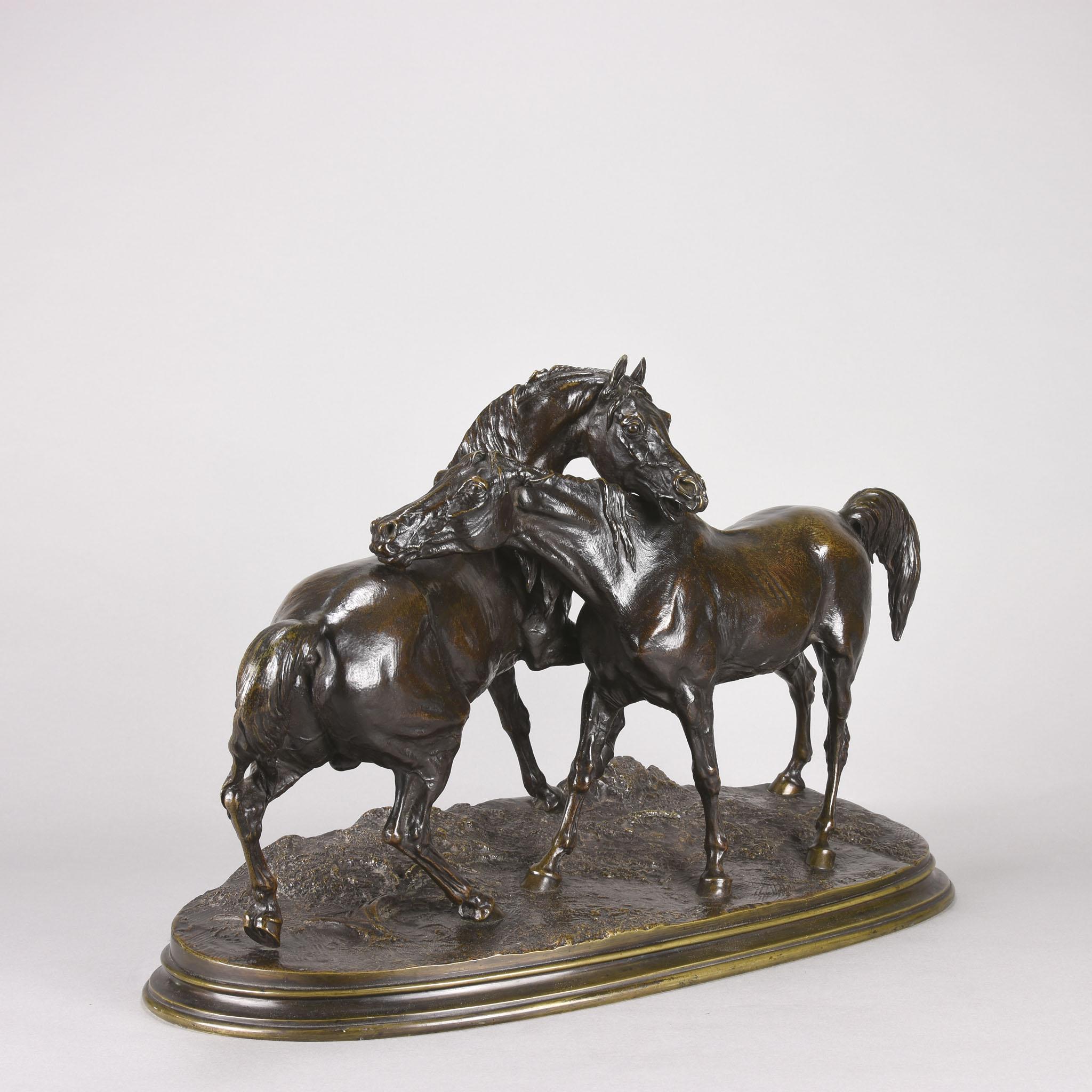 A wonderful mid-19th century animalier bronze cast from the artist’s own workshop, this is a rare early bronze study of an Arab Stallion and Mare from the artist's own foundry (atelier Mêne). Originally entitled “Tachiani et Nedjibe, Arab horses”