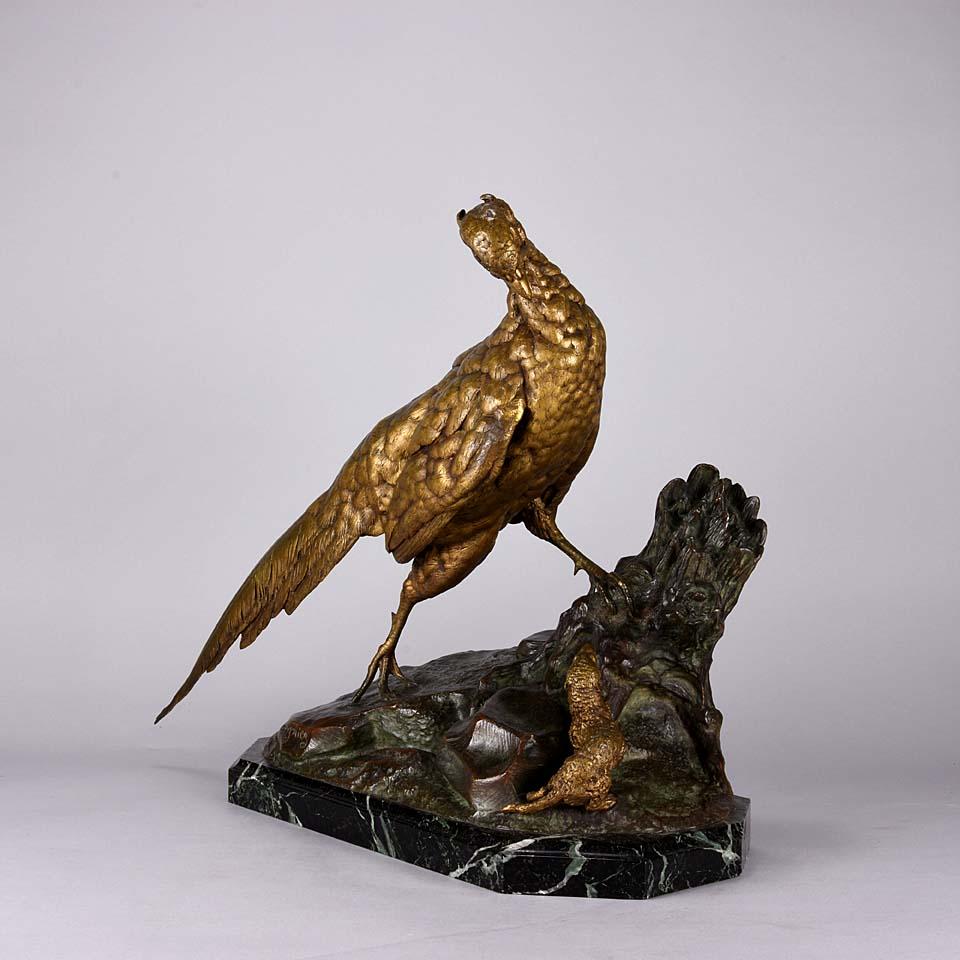 A large and impressive late 19th century French animalier bronze group of a Pheasant surprised by a weasel, both animals heightened with original gilding and raised on a naturalistic brown patinated base with verde antico canted plinth. Signed J