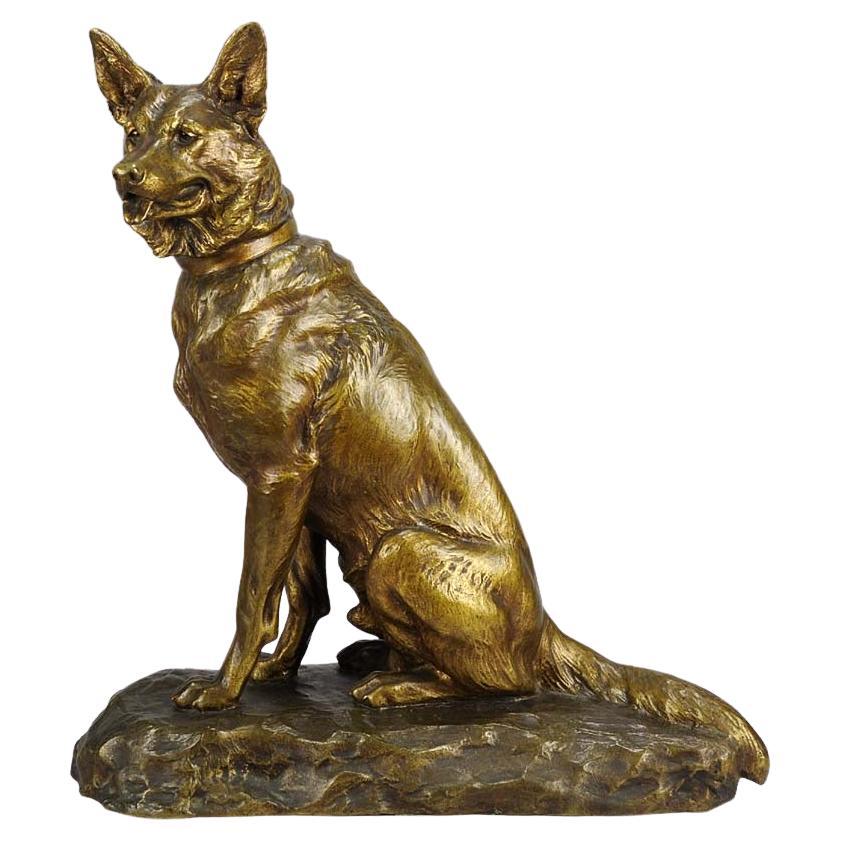 Etude Animalier en bronze doré intitulée "Alsacien assis" par Louis Riché