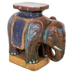 Retro Animalier Glazed Ceramic Elephant Form Stand