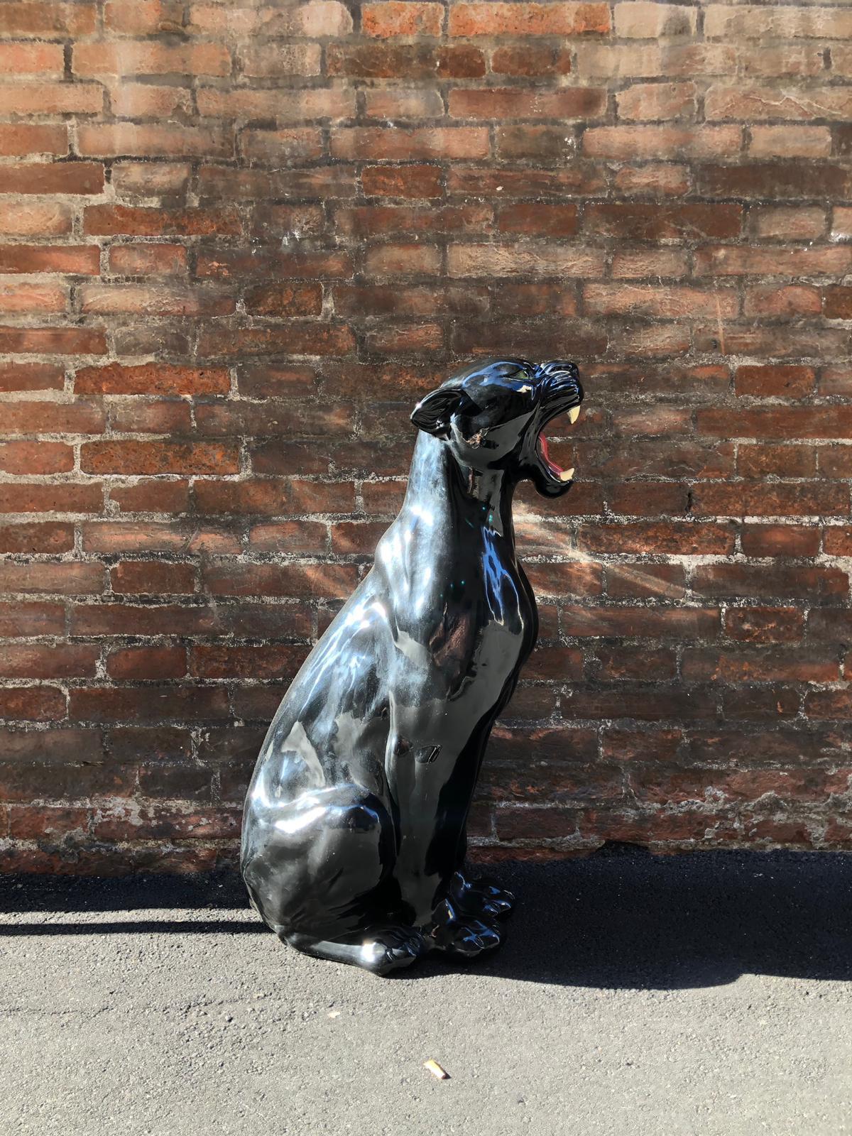 Animalier Roaring Black Shiny Ceramic Panther Sculpture from Italy from 1980s 3
