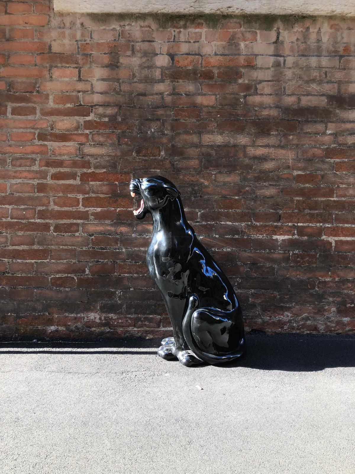 Animalier Roaring Black Shiny Ceramic Panther Sculpture from Italy from 1980s 4