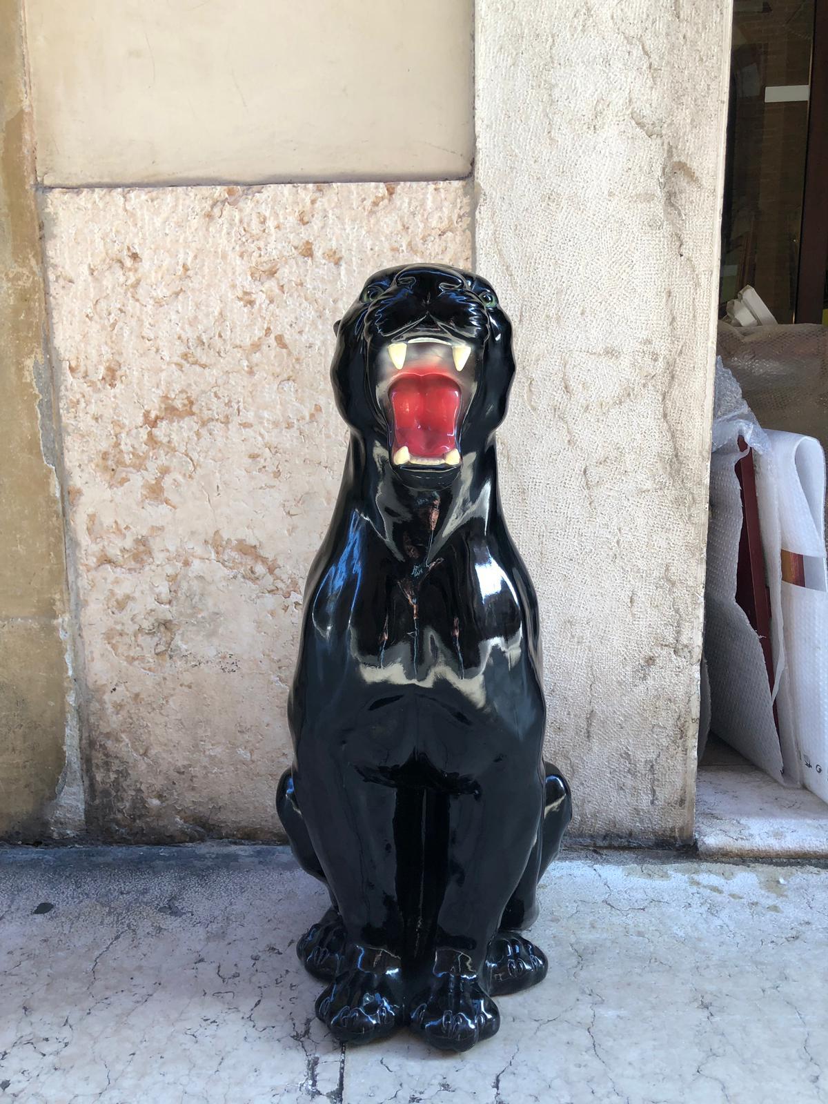 Animalier Roaring Black Shiny Ceramic Panther Sculpture from Italy from 1980s 5