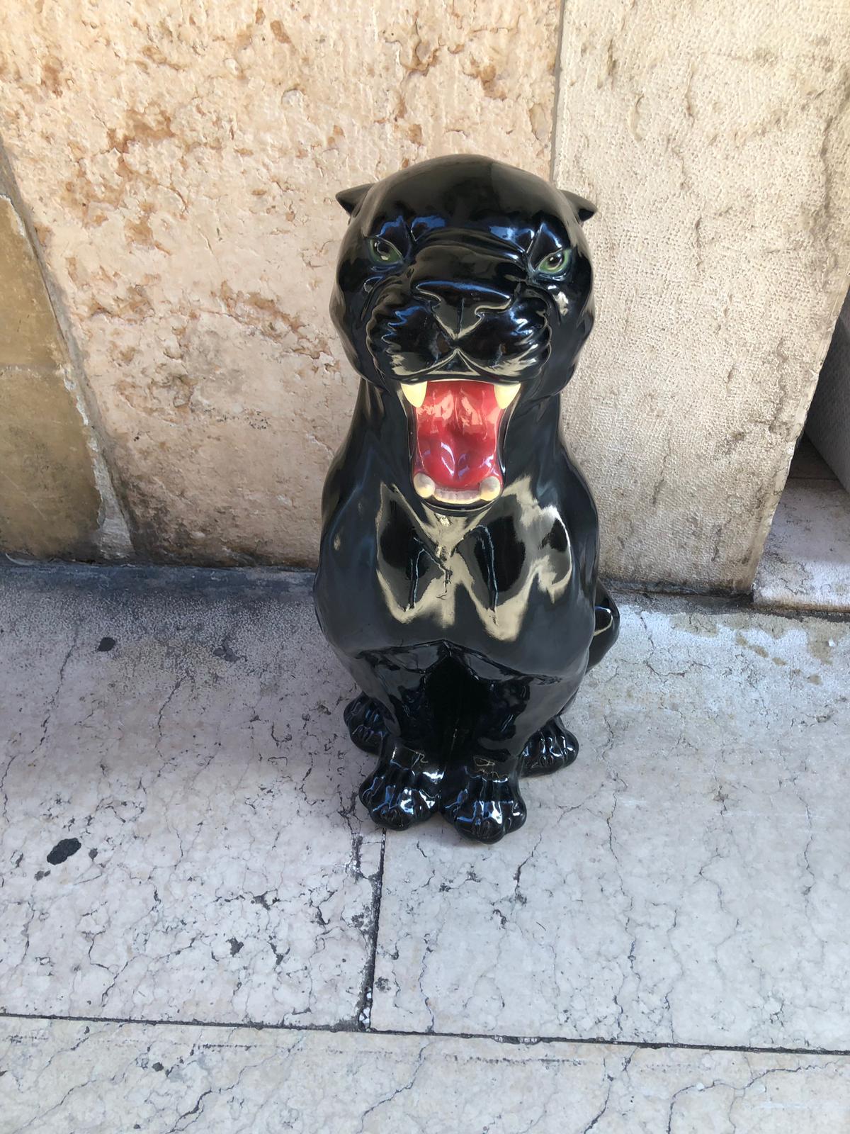 Animalier Roaring Black Shiny Ceramic Panther Sculpture from Italy from 1980s 6