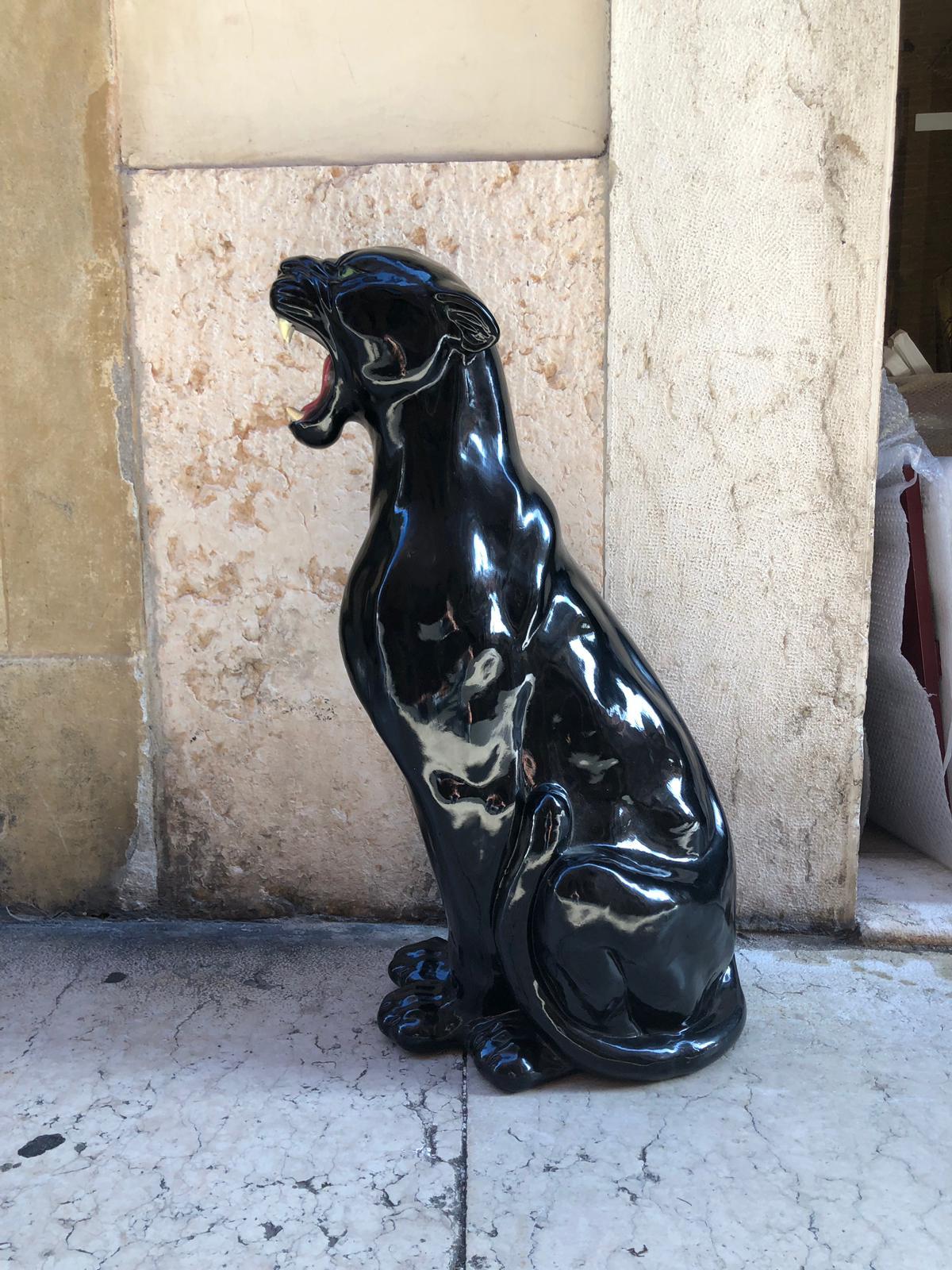 Animalier Roaring Black Shiny Ceramic Panther Sculpture from Italy from 1980s 7