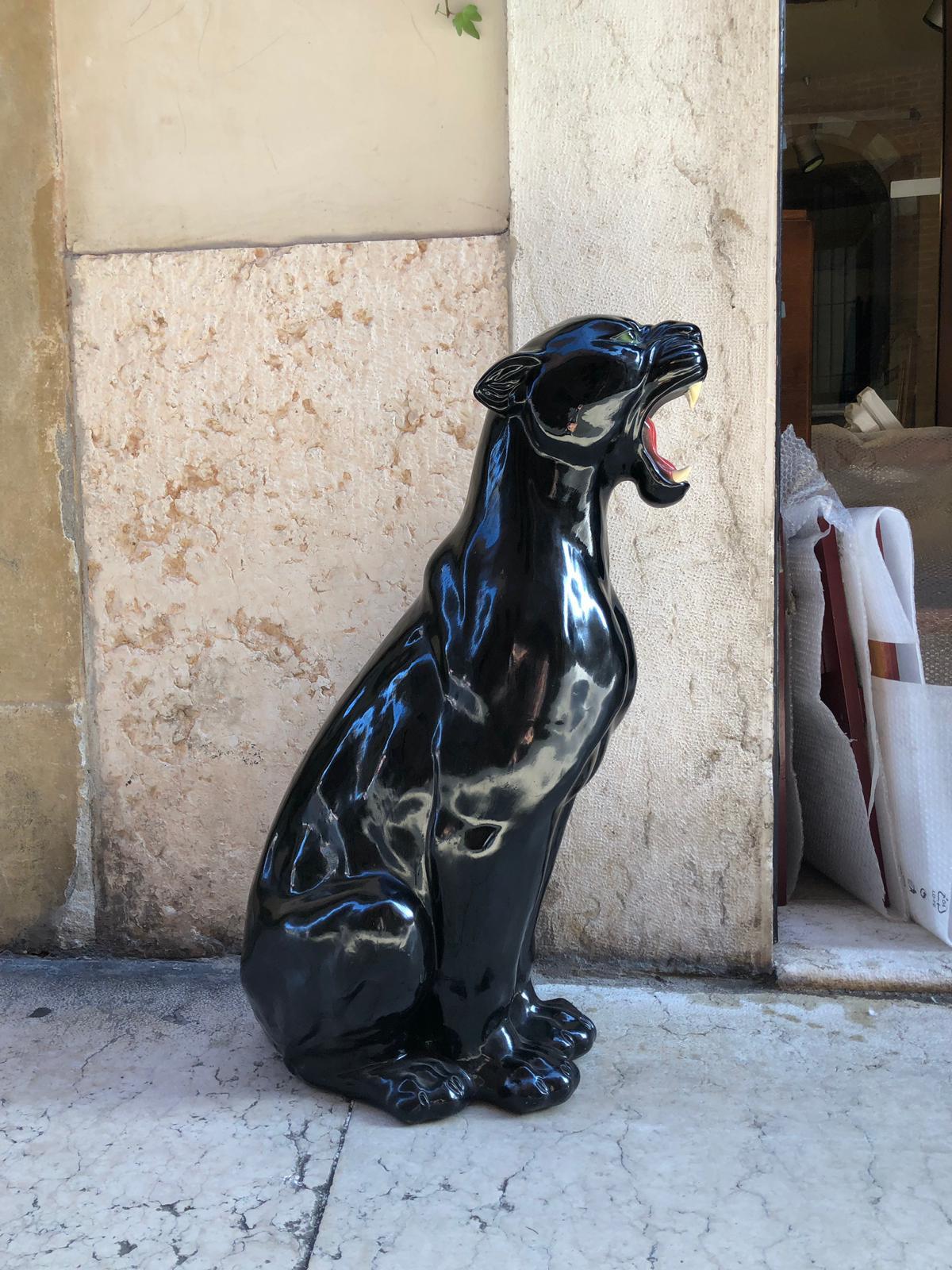 Animalier Roaring Black Shiny Ceramic Panther Sculpture from Italy from 1980s 8