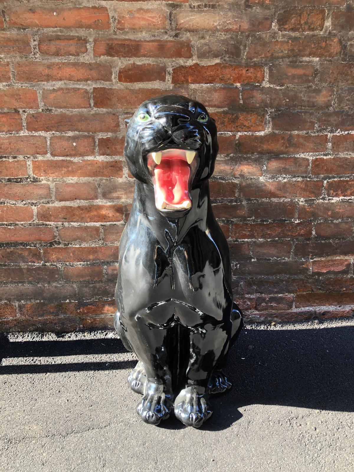 Italian Animalier Roaring Black Shiny Ceramic Panther Sculpture from Italy from 1980s