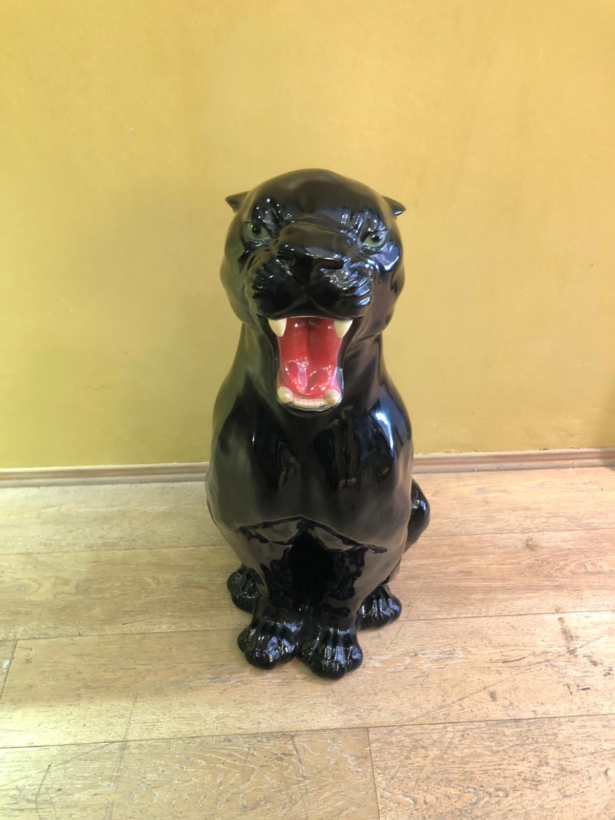 20th Century Animalier Roaring Black Shiny Ceramic Panther Sculpture from Italy from 1980s