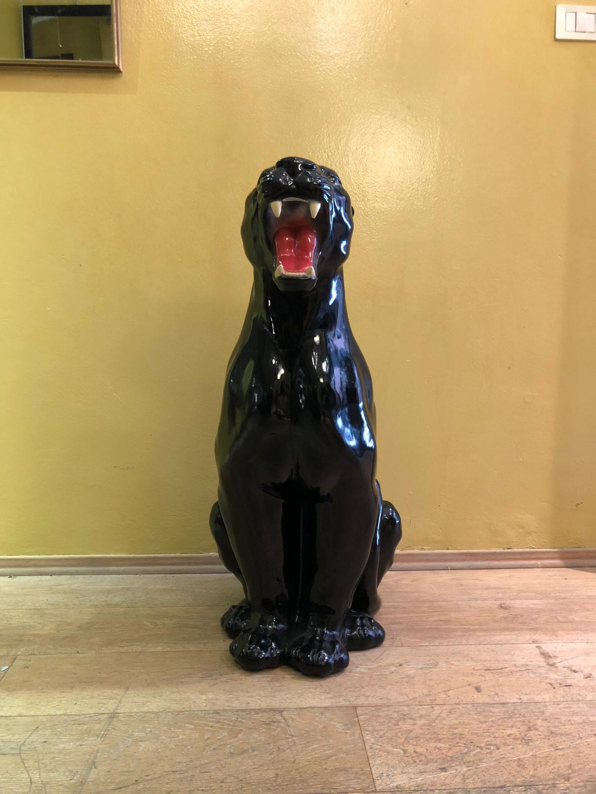 Animalier Roaring Black Shiny Ceramic Panther Sculpture from Italy from 1980s 1