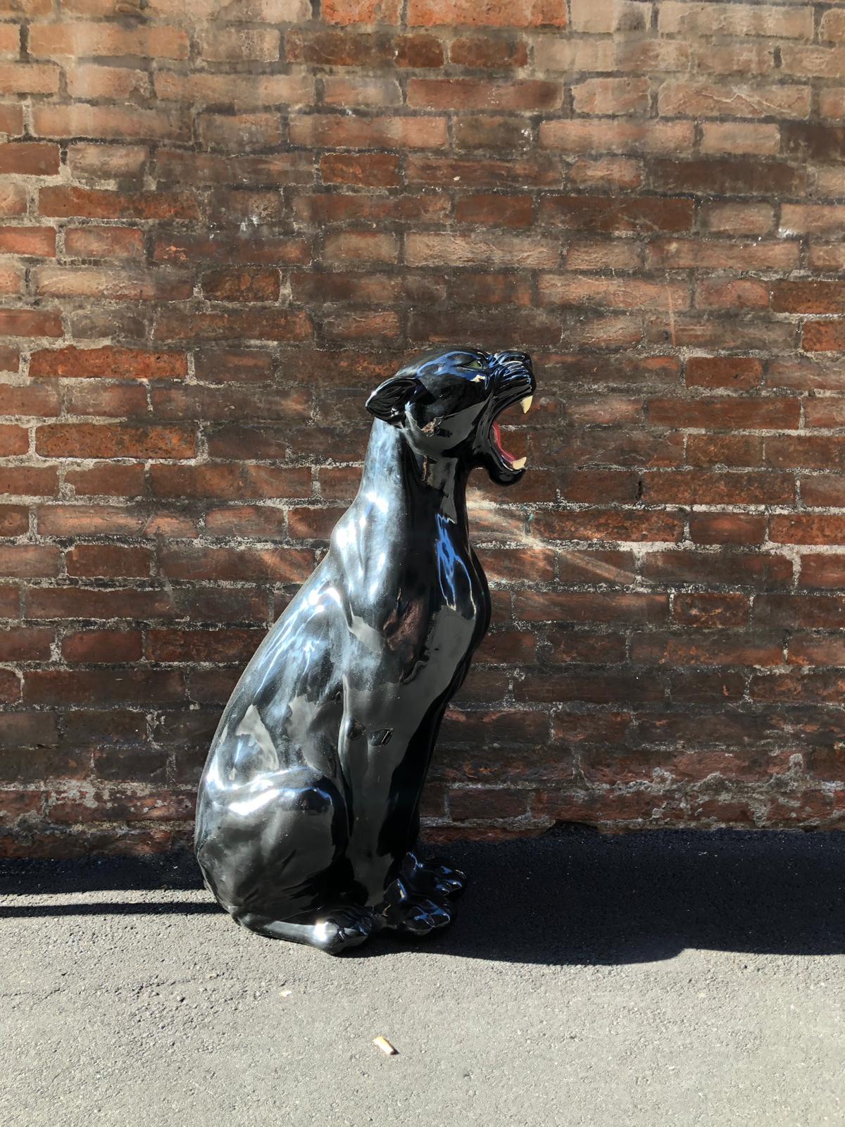 Animalier Roaring Black Shiny Ceramic Panther Sculpture from Italy from 1980s 2