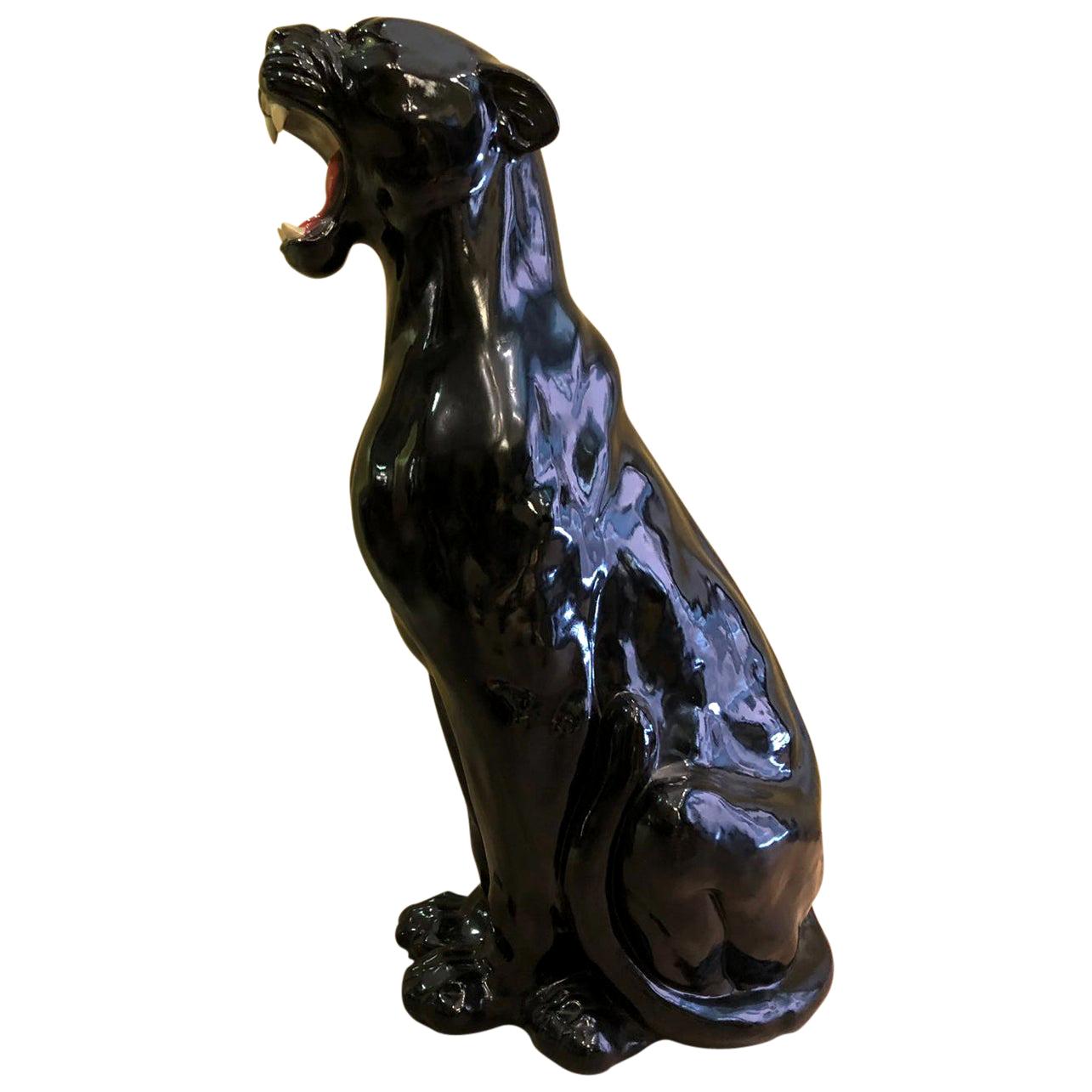 Animalier Roaring Black Shiny Ceramic Panther Sculpture from Italy from  1980s at 1stDibs