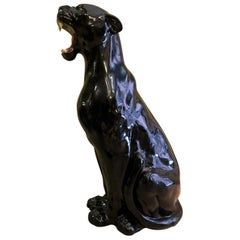 Animalier Roaring Black Shiny Ceramic Panther Sculpture from Italy from 1980s