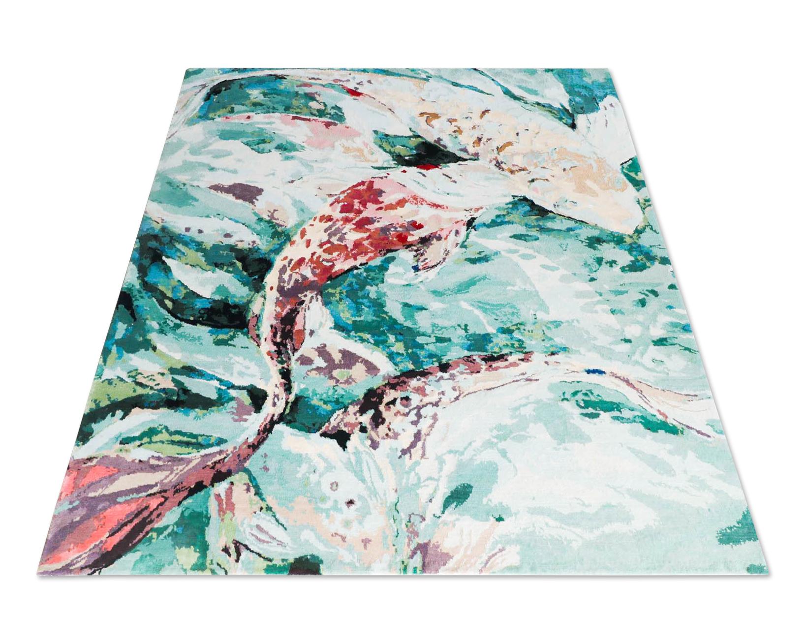 Animalistic Rug Contemporary Brignt Sustainable Wool Silk - Red Fish, large For Sale 3