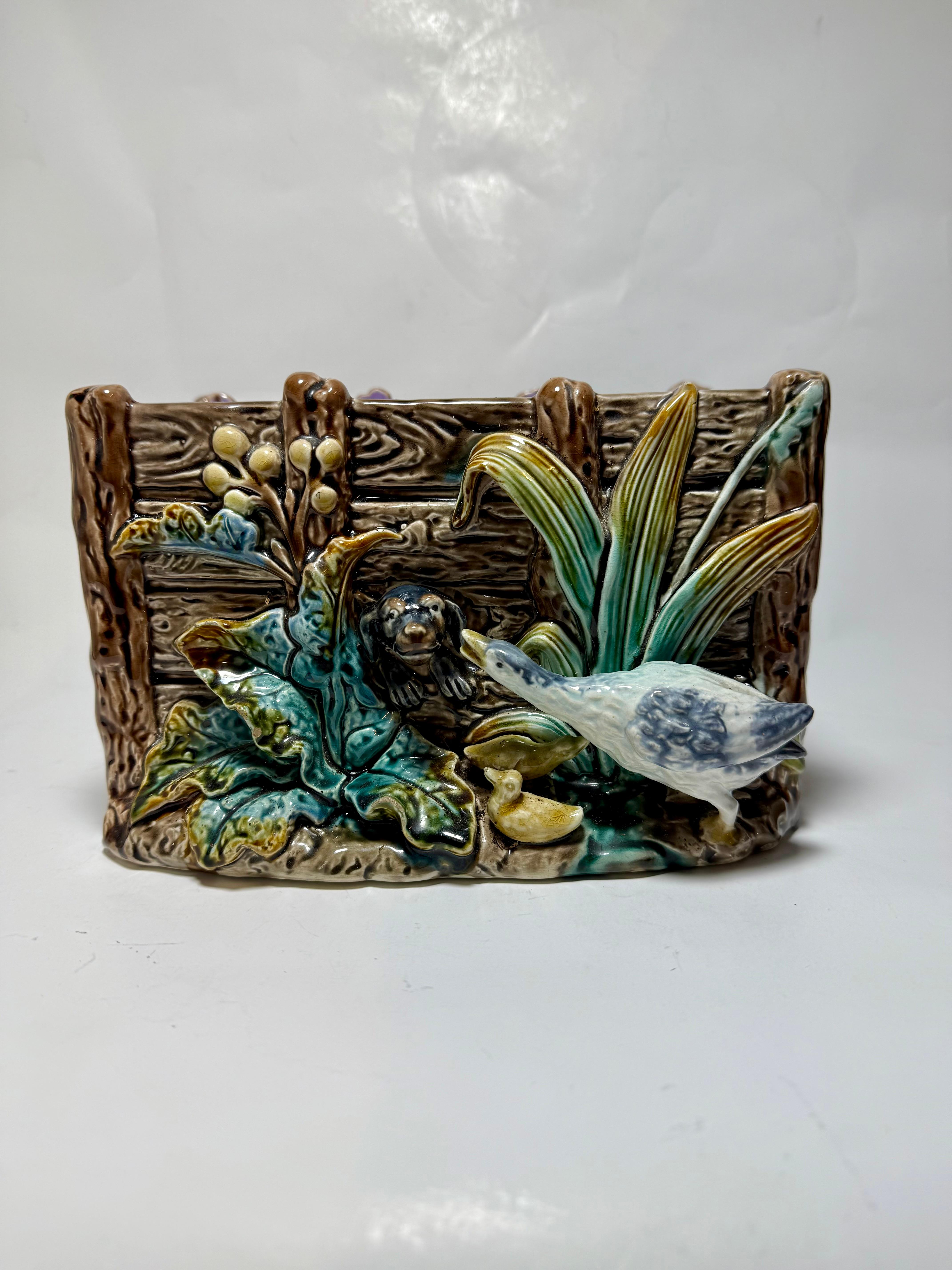 Rare piece of Swedish majolica Gustavsberg 

Antique Swedish Majolica  Jardinière
Cache Pot Planter. 
Direct from Sweden, a beautiful antique 19th century  majolica jardinière or cache pot! The cache pot is an elegant rectangular  shape with amazing