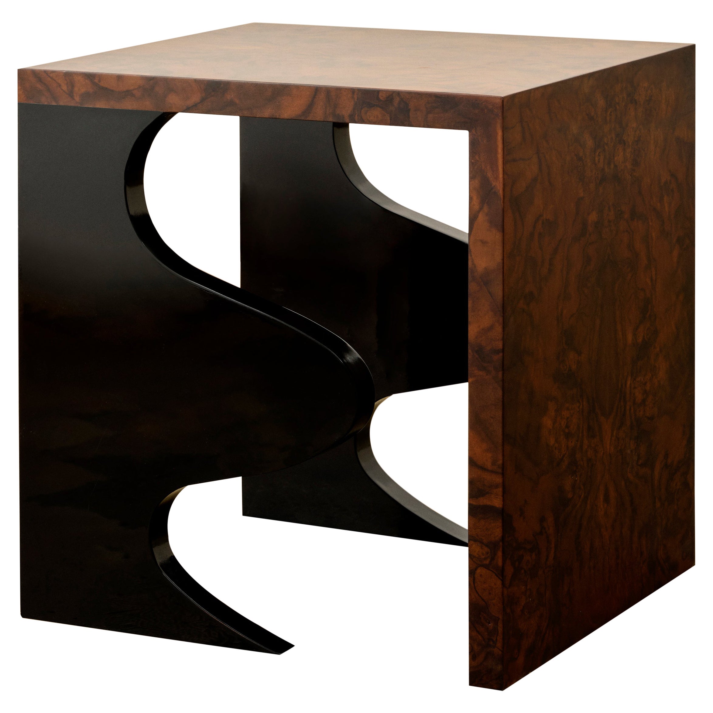 Animate Objects Harlequin Side Table, Walnut Burl Veneer, Gloss Lacquered Wood For Sale