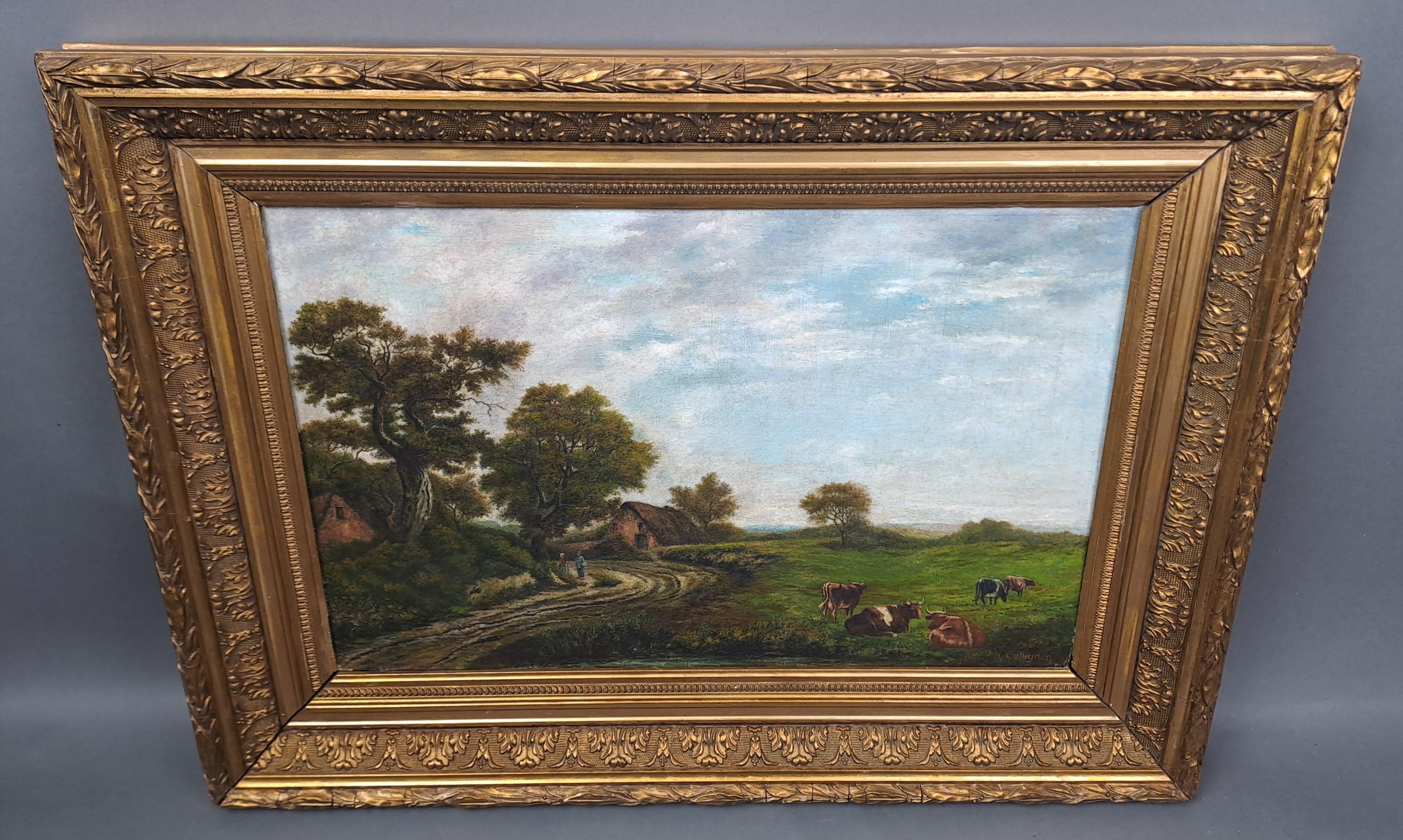 Animated Countryside Landscape - Öl auf Leinwand Signiert Collignon (Farbe) im Angebot