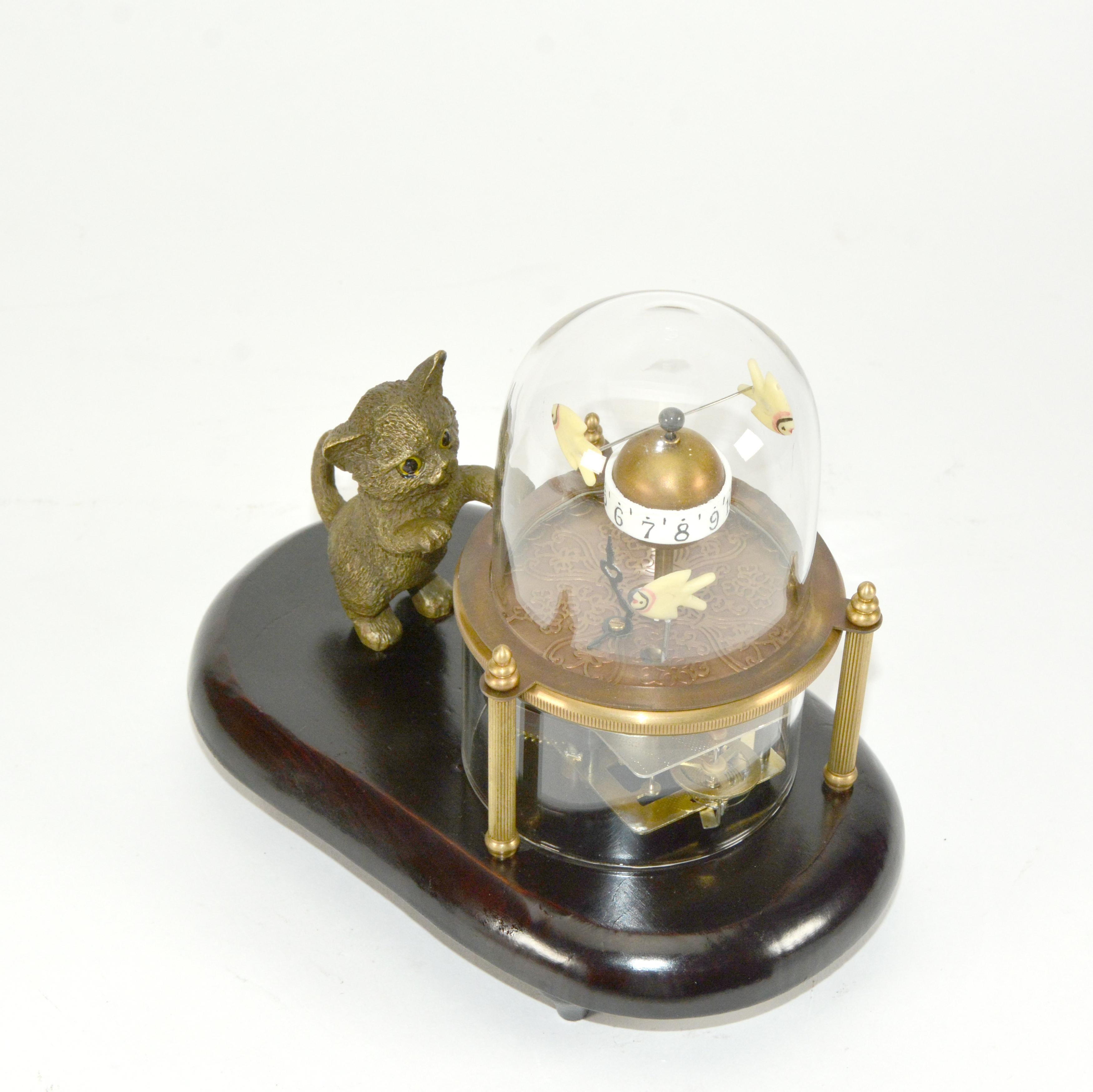 Brass Animated Kitten Cat Catching Fish Novelty Clock