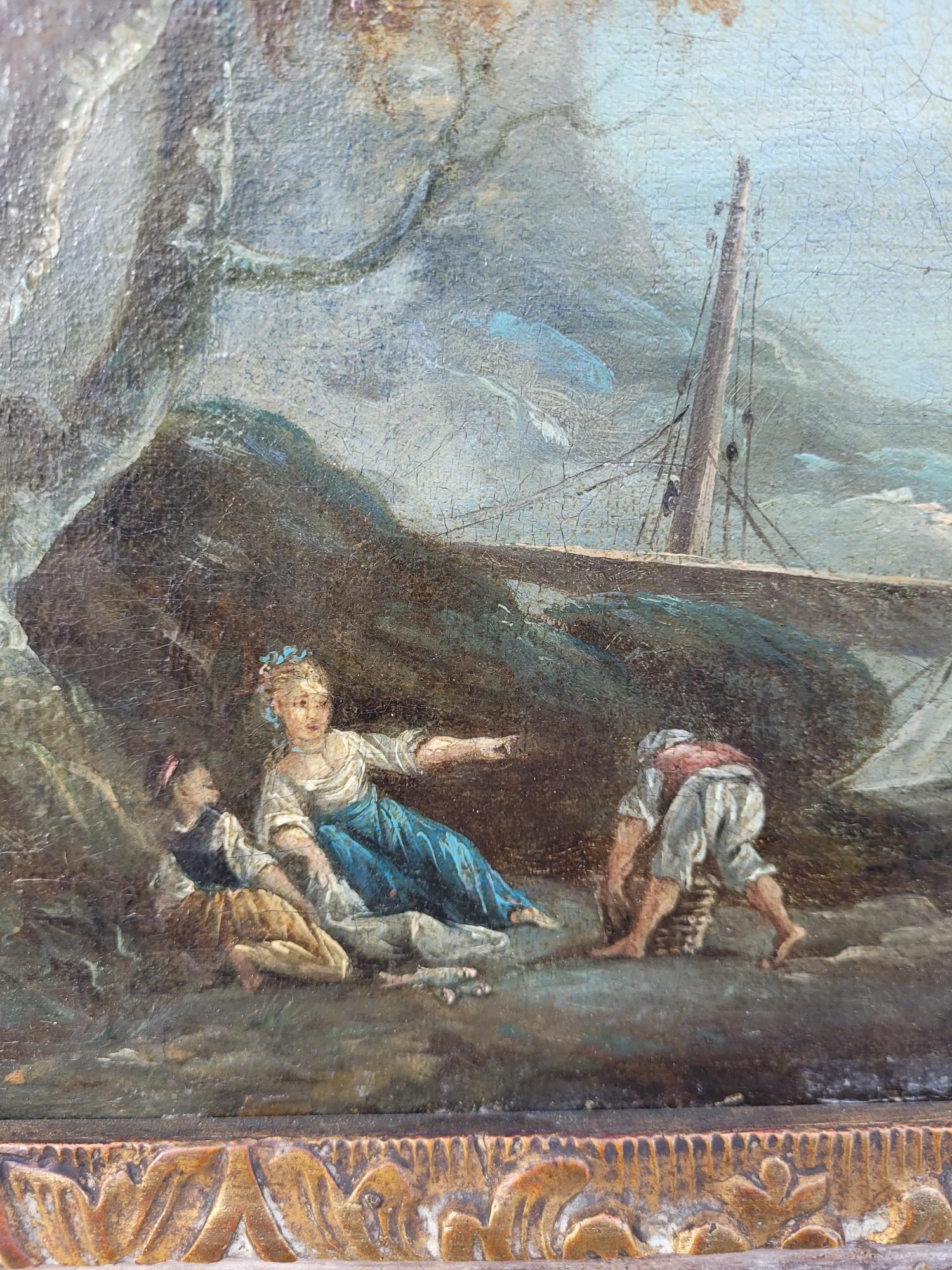 18th Century and Earlier Animated Landscape Of Fishermen, Oil On Framed Canvas, 18th Century