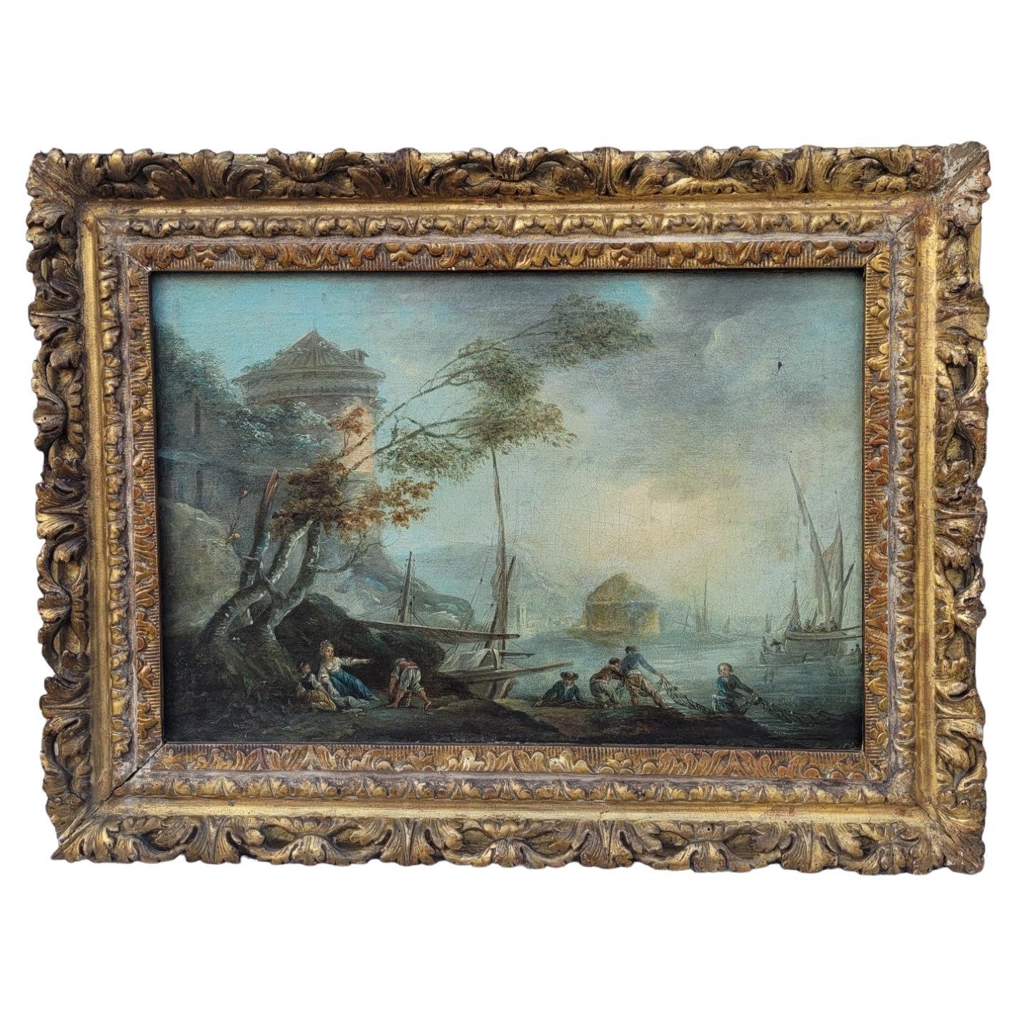 Paysage animé d' pêcheurs, huile sur toile encadrée, 18e siècle