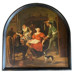 Antique Animated Scene In A Tavern, Oil On Canvas, 19th Century