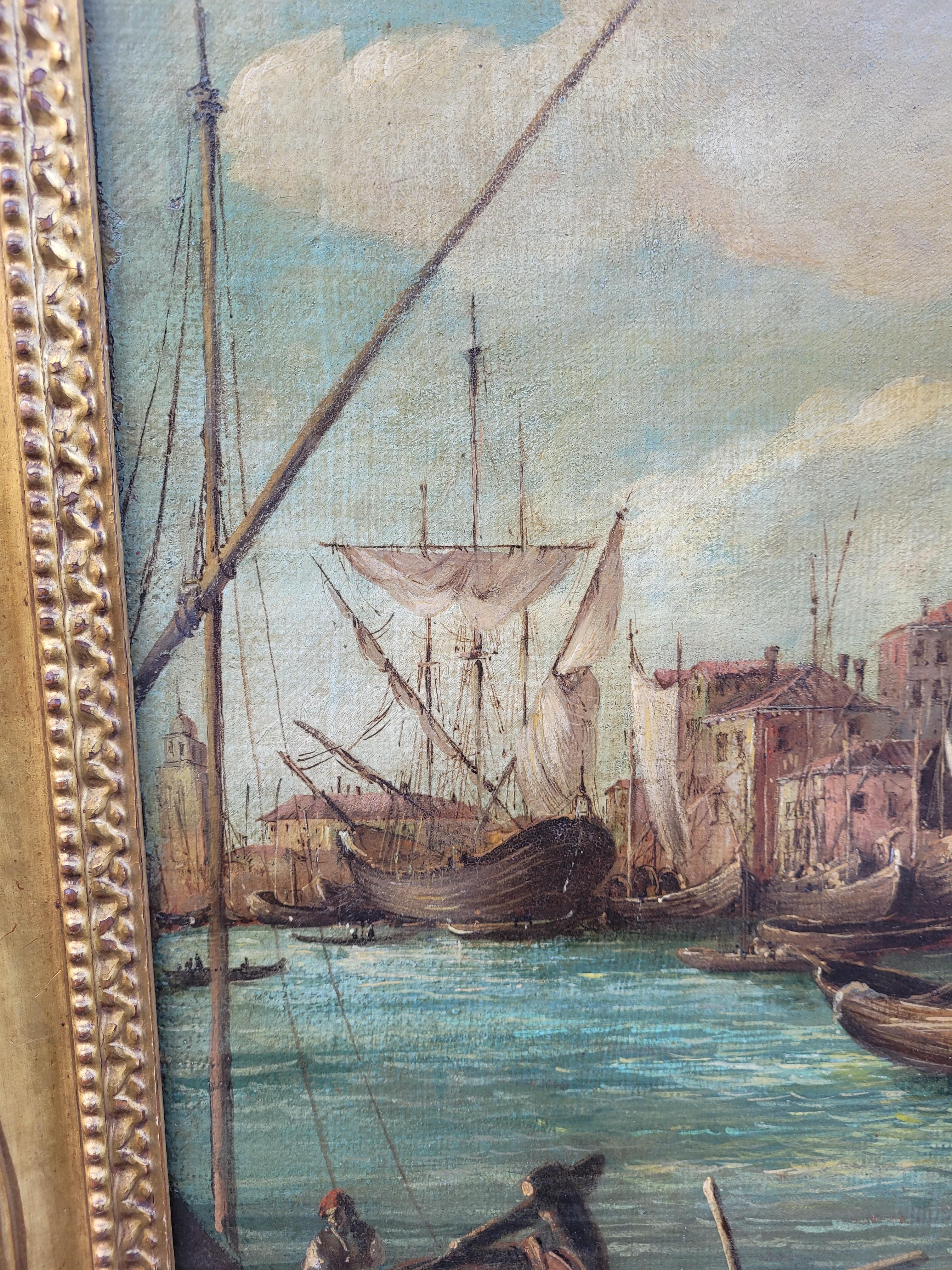 Neoclassical Animated View Of Venice, La Dogana, Oil On Framed Canvas, 19th Century