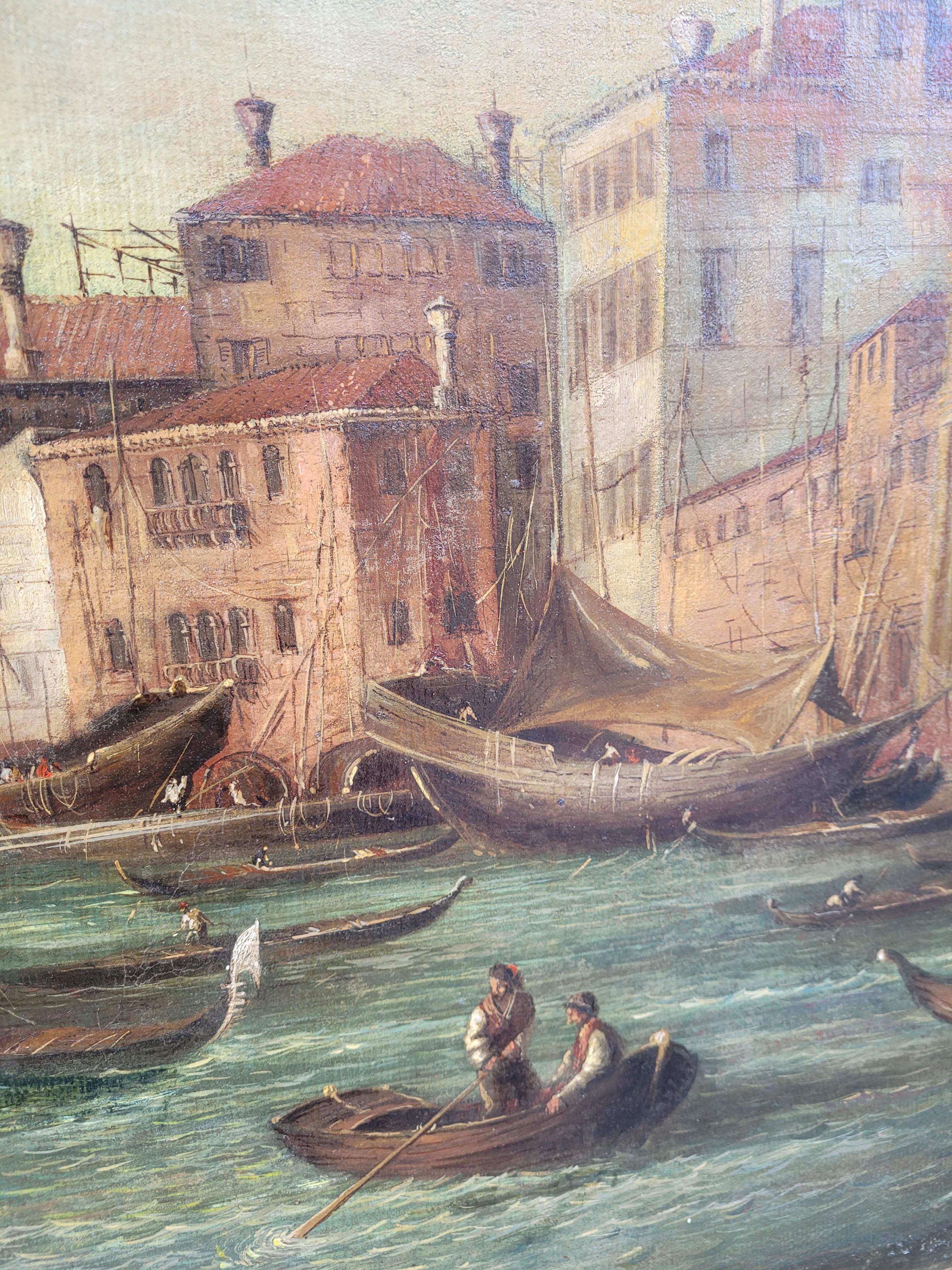 Paint Animated View Of Venice, La Dogana, Oil On Framed Canvas, 19th Century