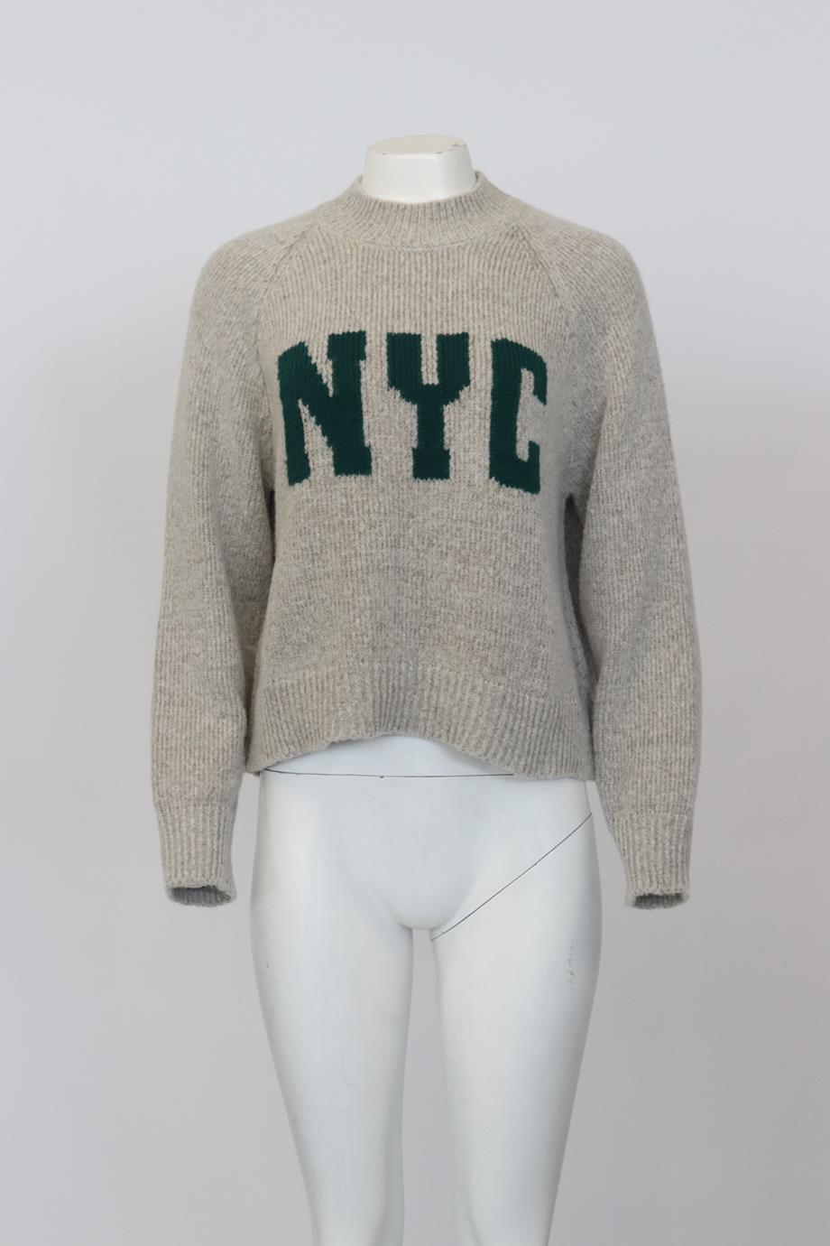 Anine Bing Intarsia Wool And Cashmere Blend Sweater. Grey and green. Long Sleeve. Mock Neck. Slips on. 82% Extrafine Merino Wool, 18% cashmere. XSmall (UK 6, US 2, FR 34, IT 38). Bust: 42 in. Waist: 42.5 in. Hips: 44.2 in. Length: 20.4 in.