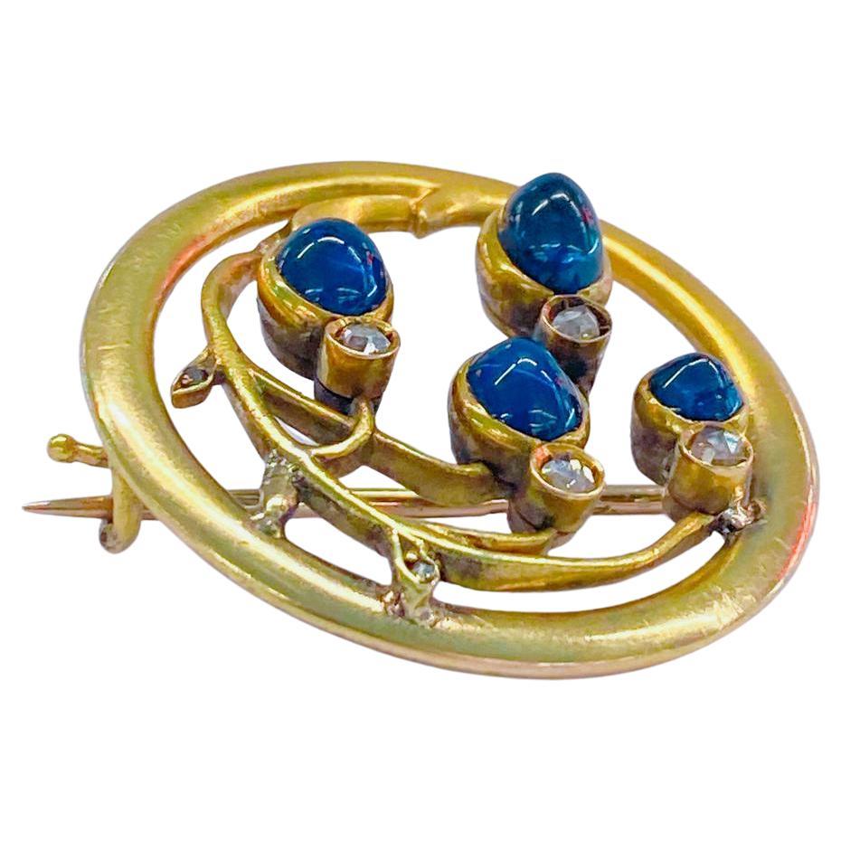 Women's Anique Sapphire Russian Gold Brooch For Sale