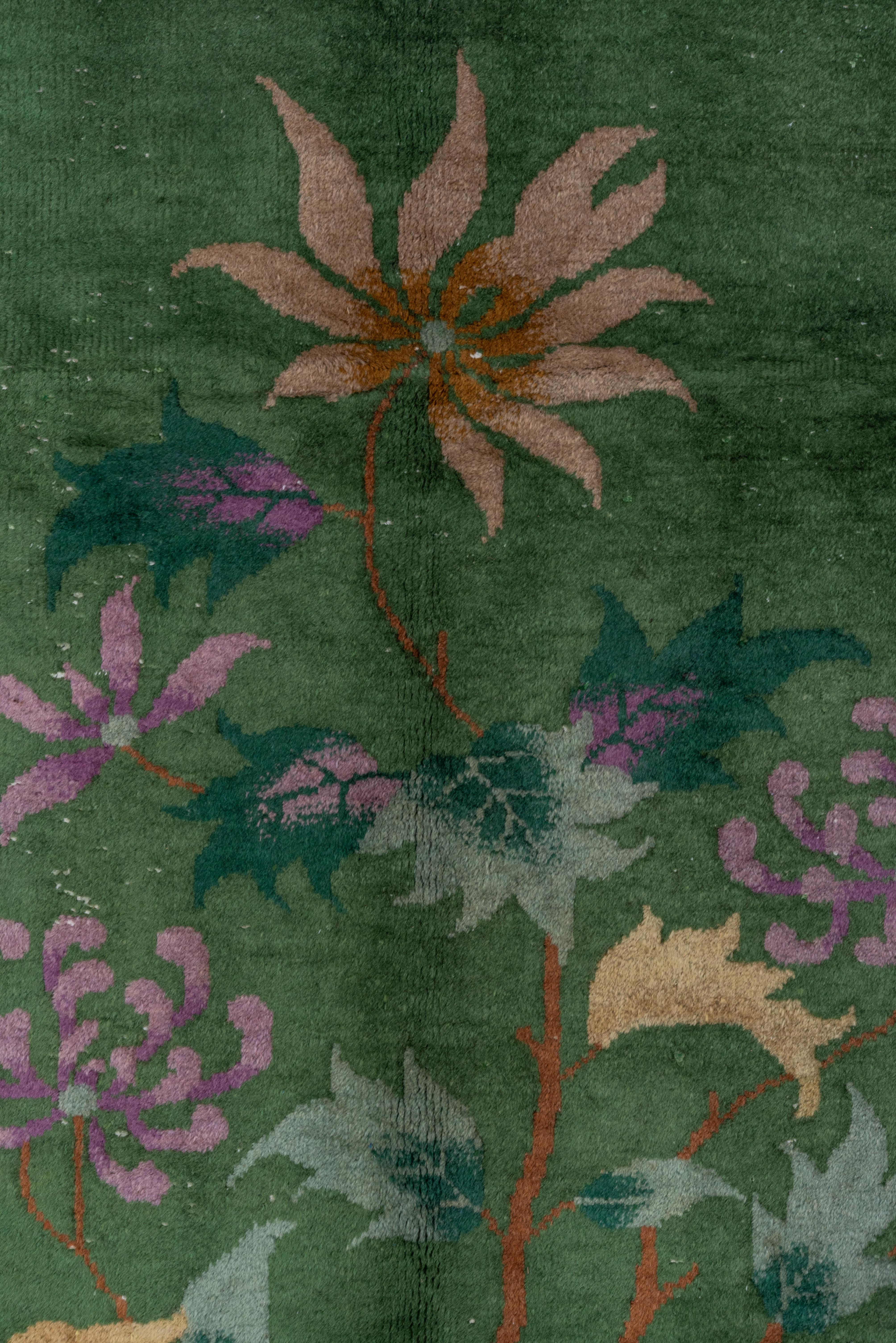 Hand-Knotted Antique Chinese Art Deco Rug, Green Field, Purple Borders, Vase Design
