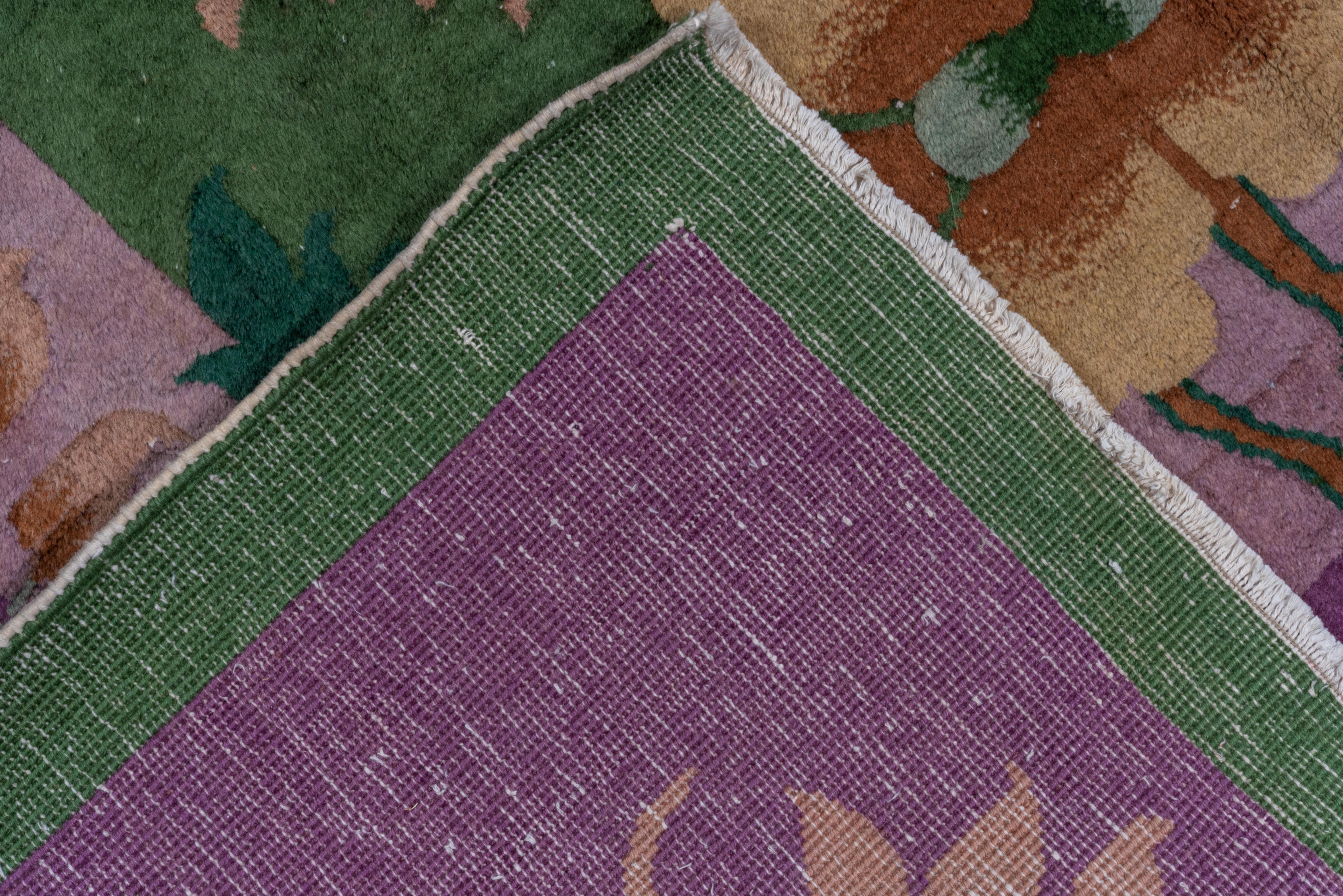 Antique Chinese Art Deco Rug, Green Field, Purple Borders, Vase Design In Good Condition In New York, NY