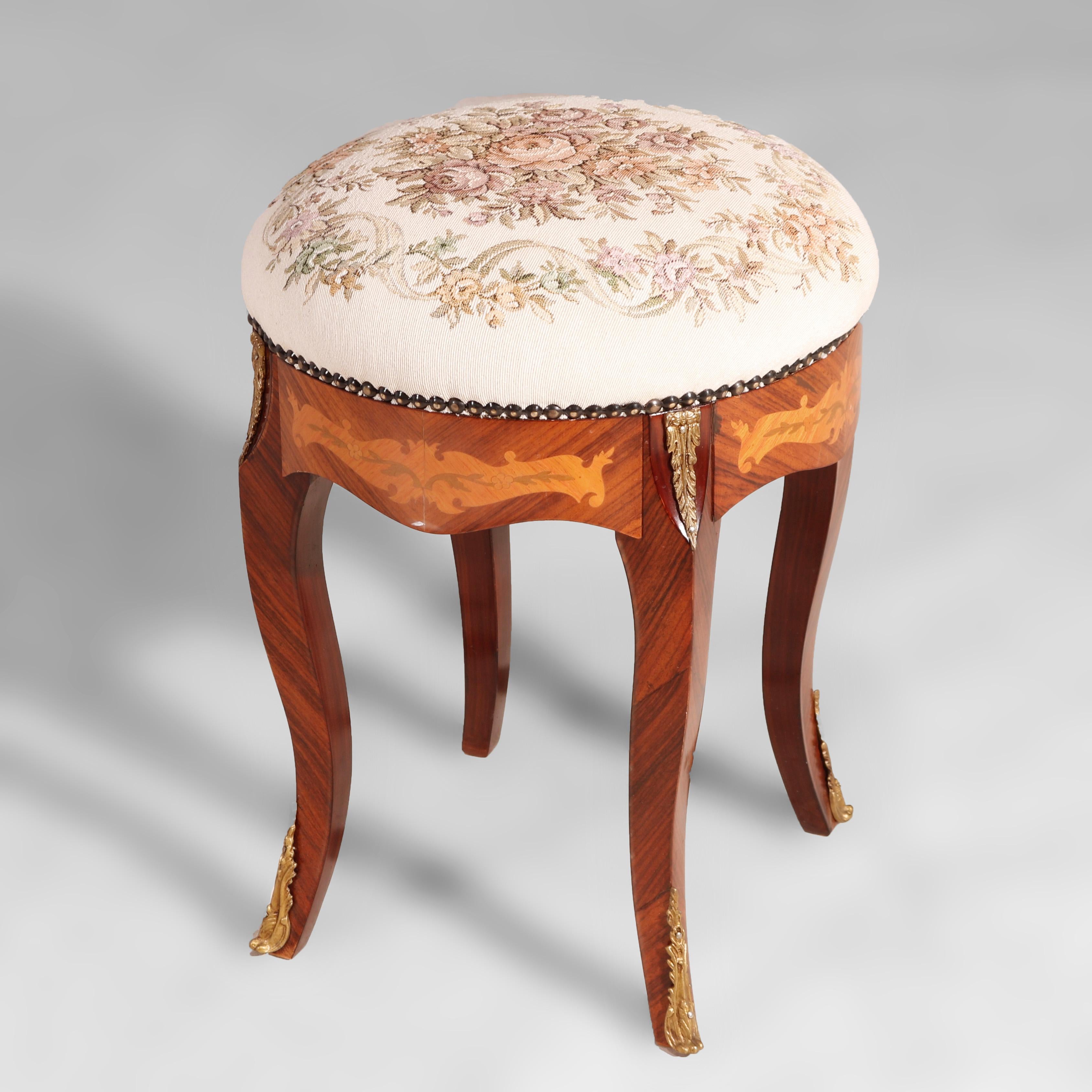 Louis XVI Anique French Louis XIV Kingwood, Tapestry & Satinwood Inlaid Stool, circa 1930