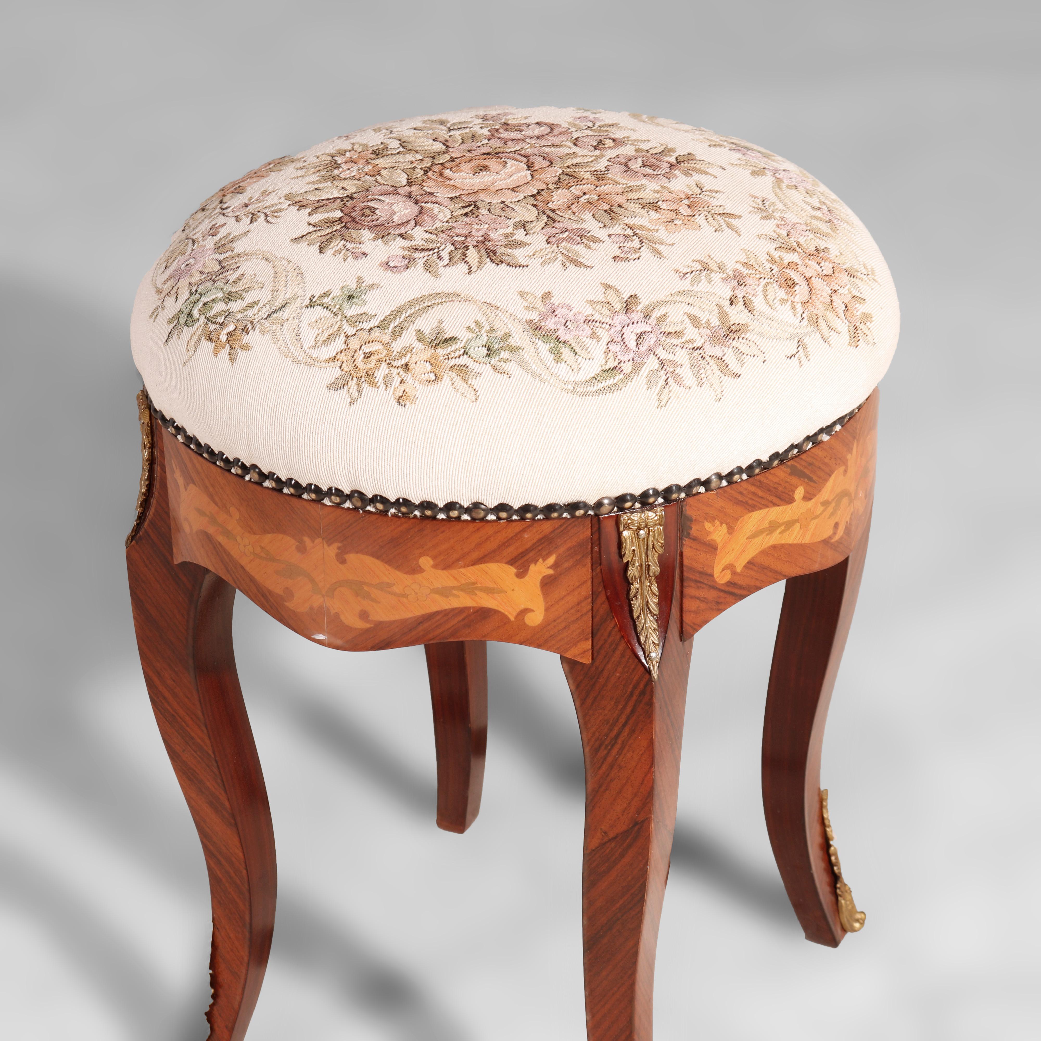Anique French Louis XIV Kingwood, Tapestry & Satinwood Inlaid Stool, circa 1930 In Good Condition In Big Flats, NY