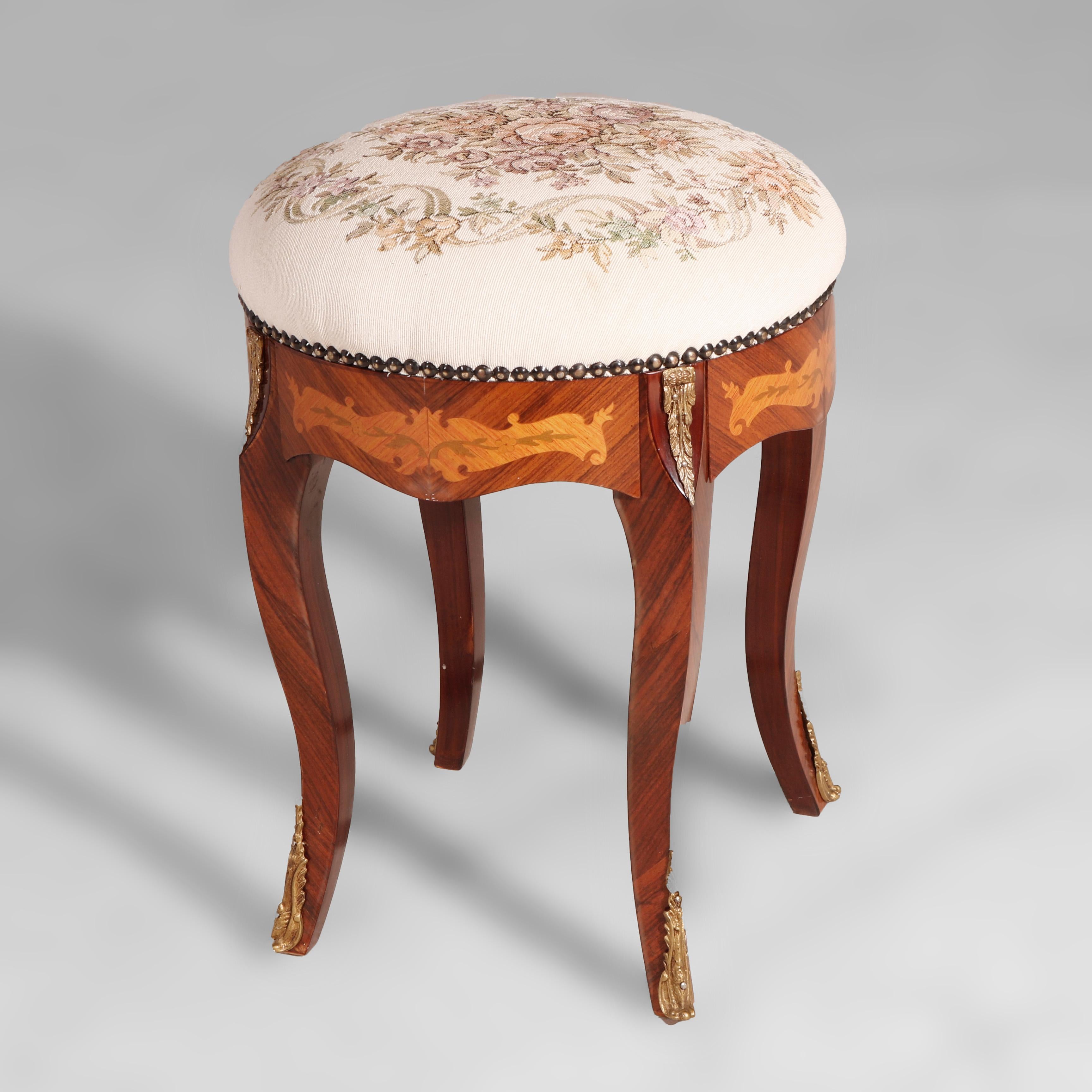 Anique French Louis XIV Kingwood, Tapestry & Satinwood Inlaid Stool, circa 1930 2