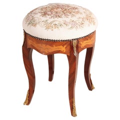 Anique French Louis XIV Kingwood, Tapestry & Satinwood Inlaid Stool, circa 1930