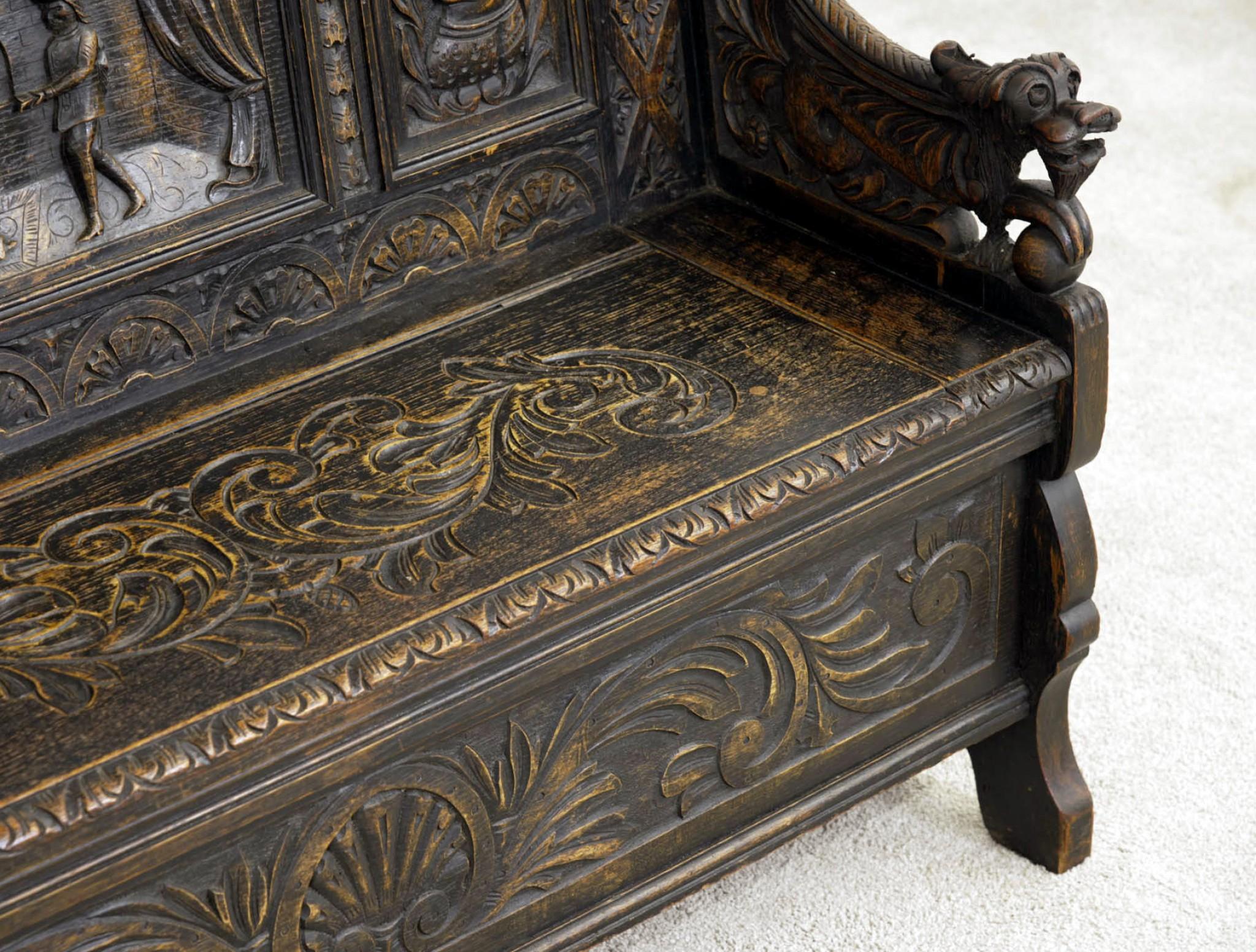 Victorian Anique Oak Monks Bench Settle Carved Farmhouse 1880