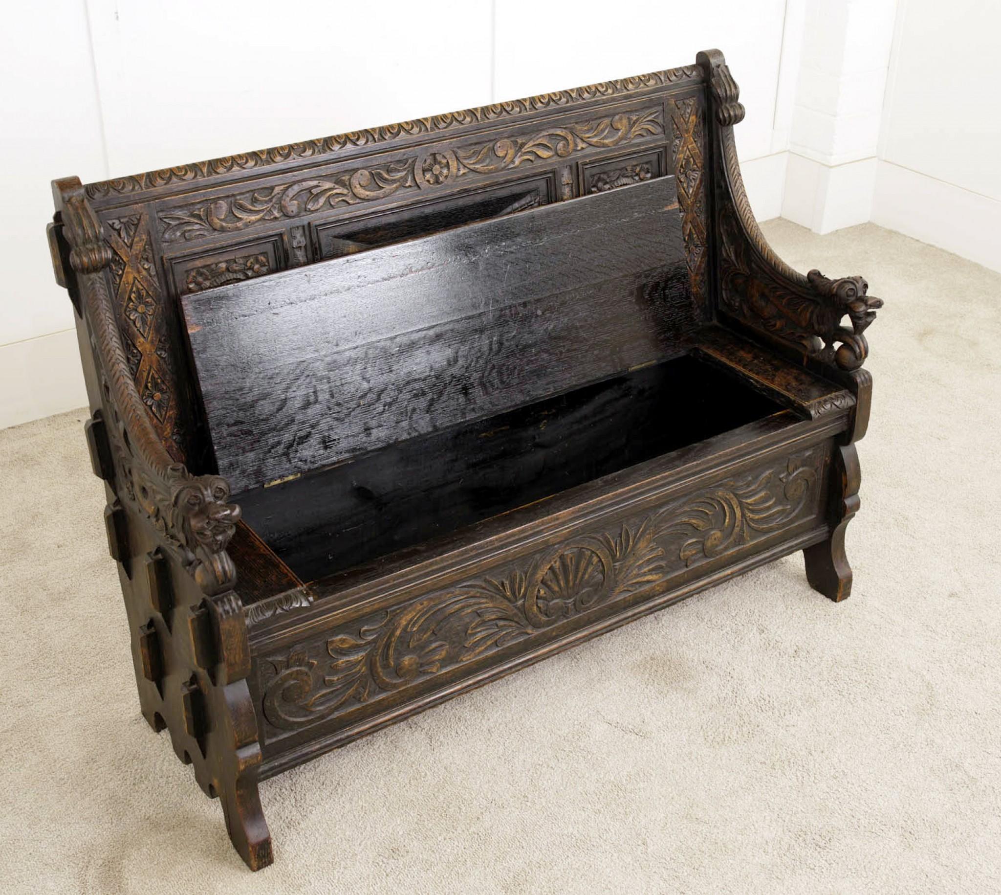Late 19th Century Anique Oak Monks Bench Settle Carved Farmhouse 1880