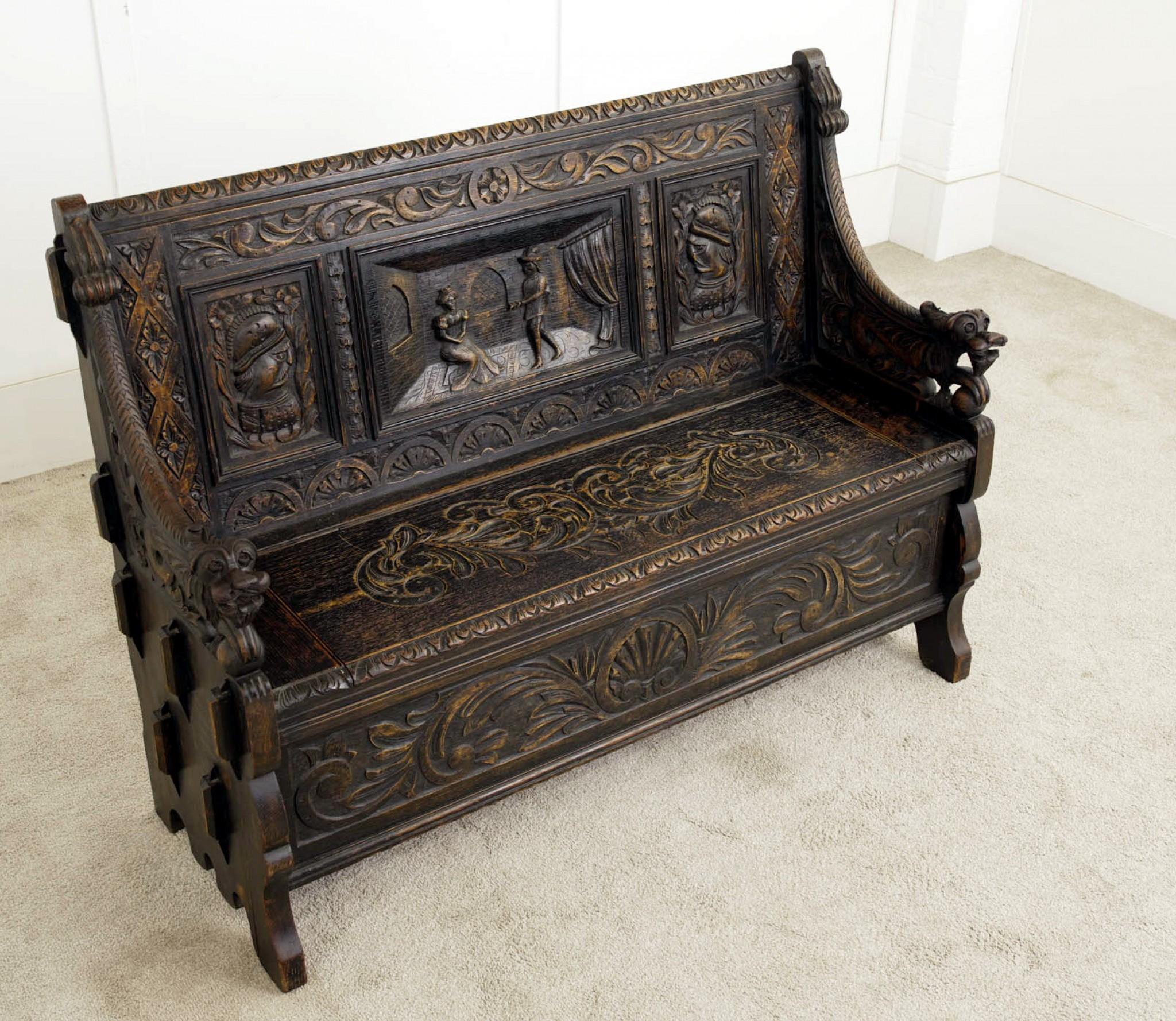 Anique Oak Monks Bench Settle Carved Farmhouse 1880 1