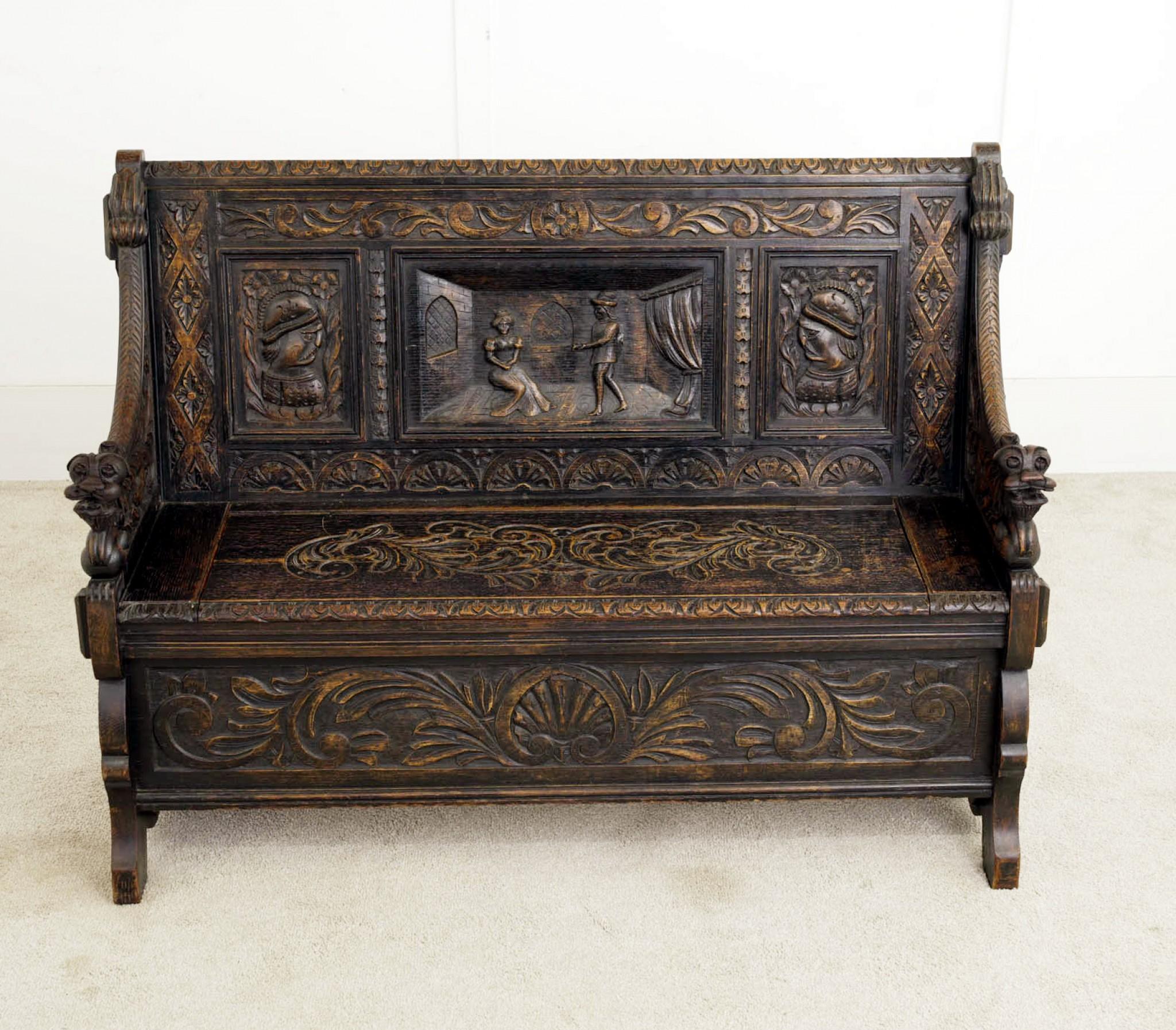 Anique Oak Monks Bench Settle Carved Farmhouse 1880 2