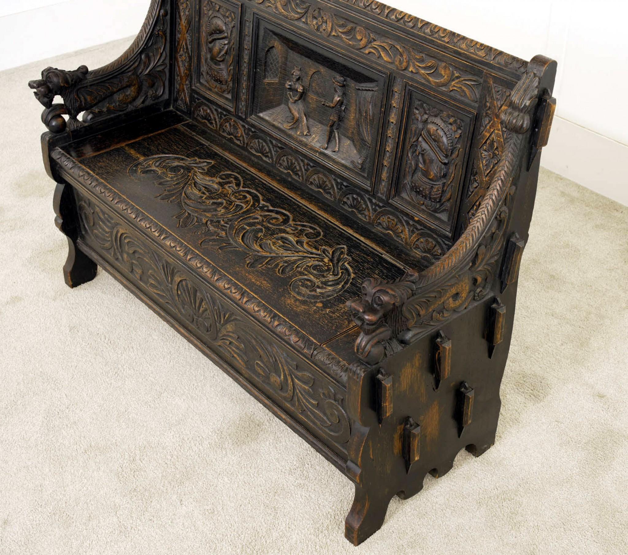 Anique Oak Monks Bench Settle Carved Farmhouse 1880 3