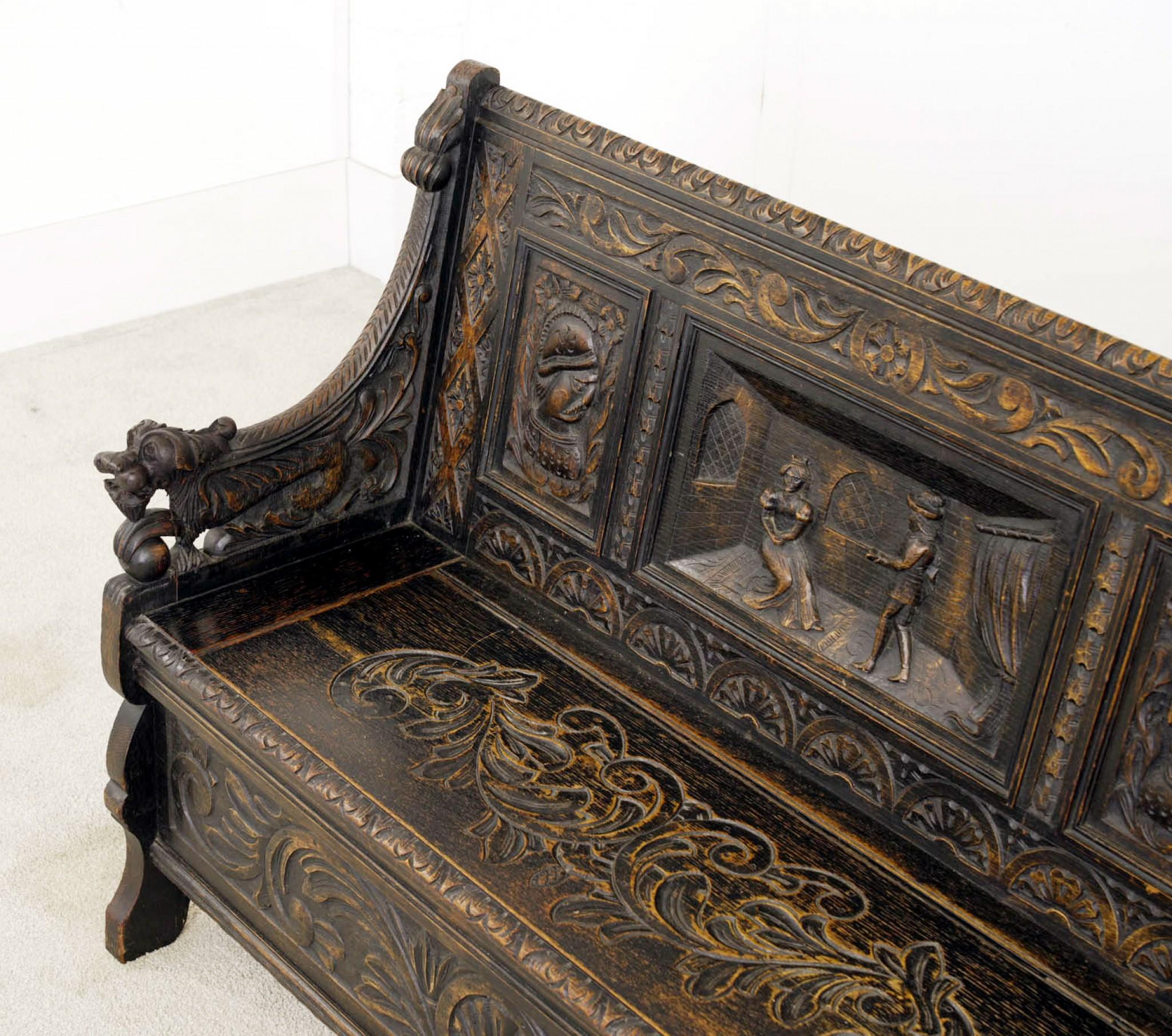 Anique Oak Monks Bench Settle Carved Farmhouse 1880 4