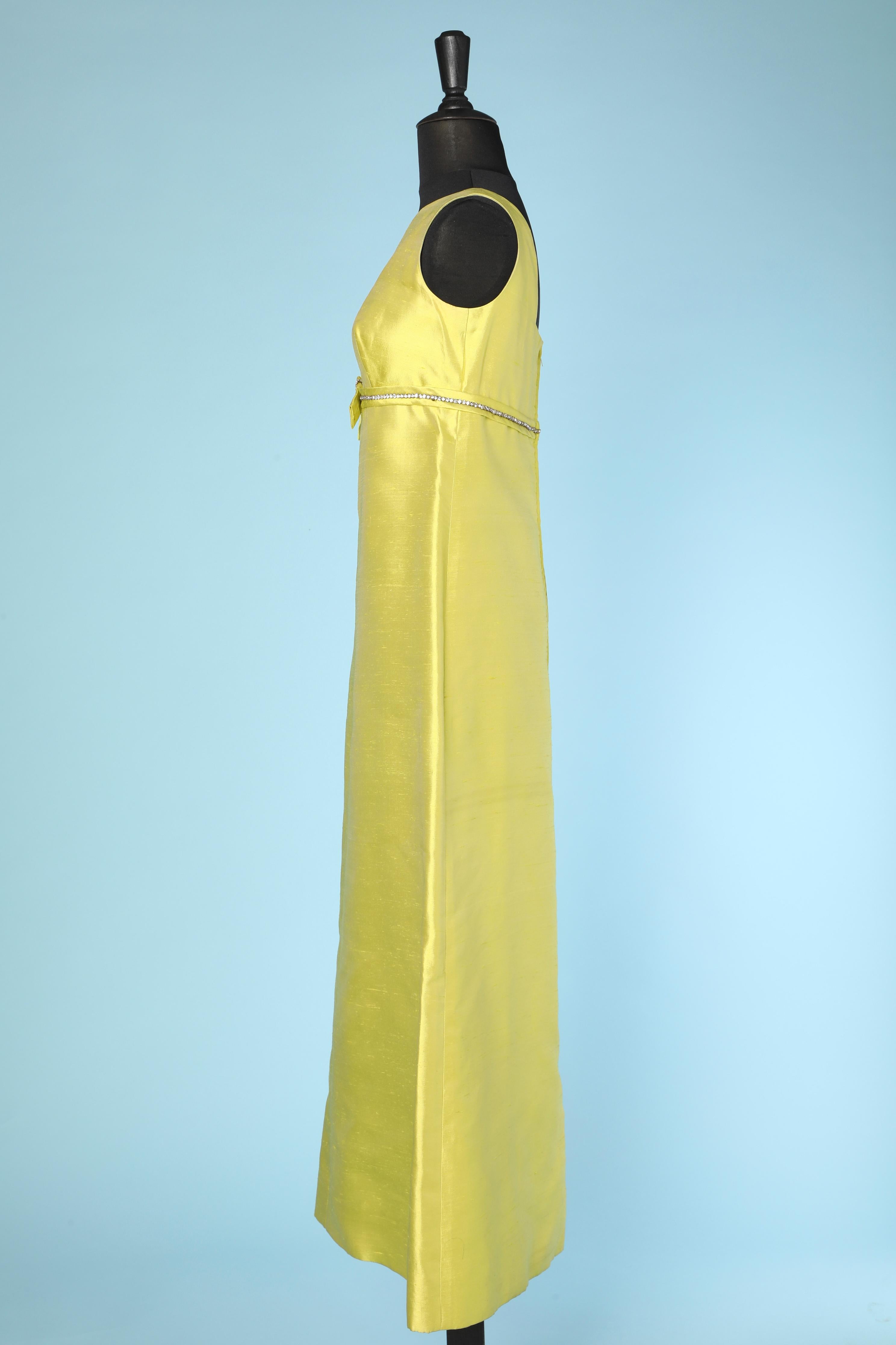 Yellow Anise green wild silk empire waist evening dress with rhinestone 1960's  For Sale