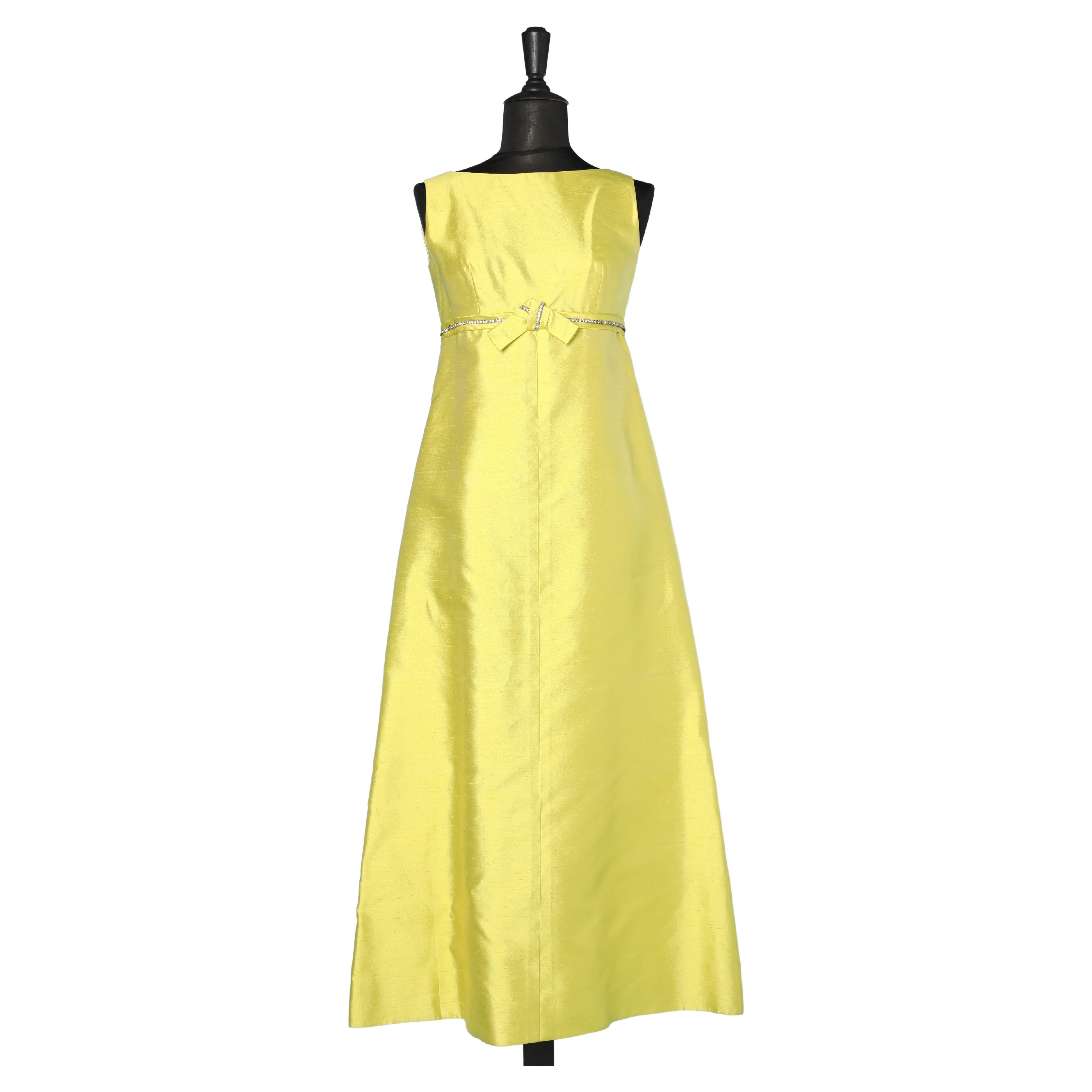 Anise green wild silk empire waist evening dress with rhinestone 1960's  For Sale