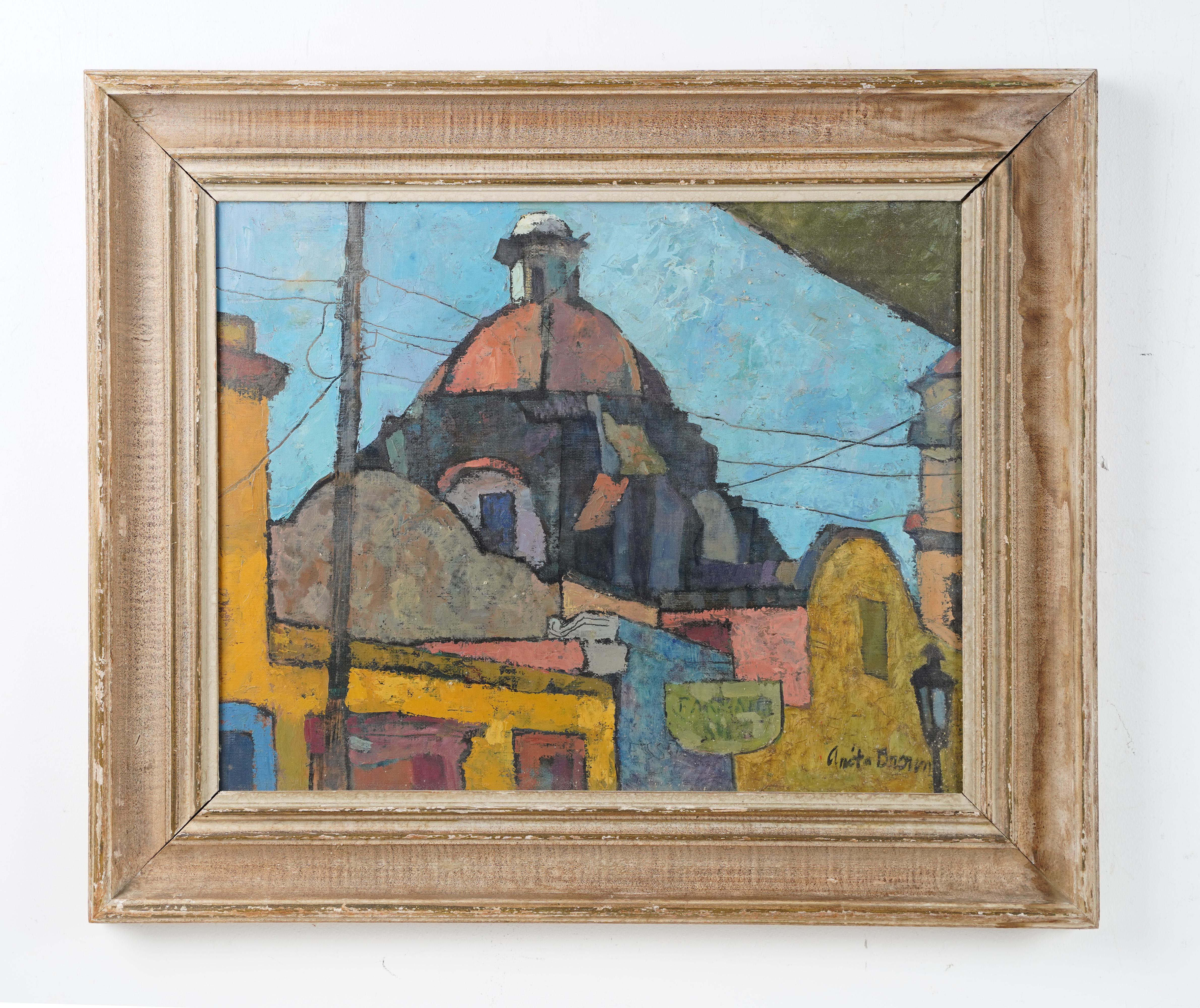Vintage Signed American Modernist Fauvist Cityscape Original Framed Oil Painting - Brown Landscape Painting by Anita Brown