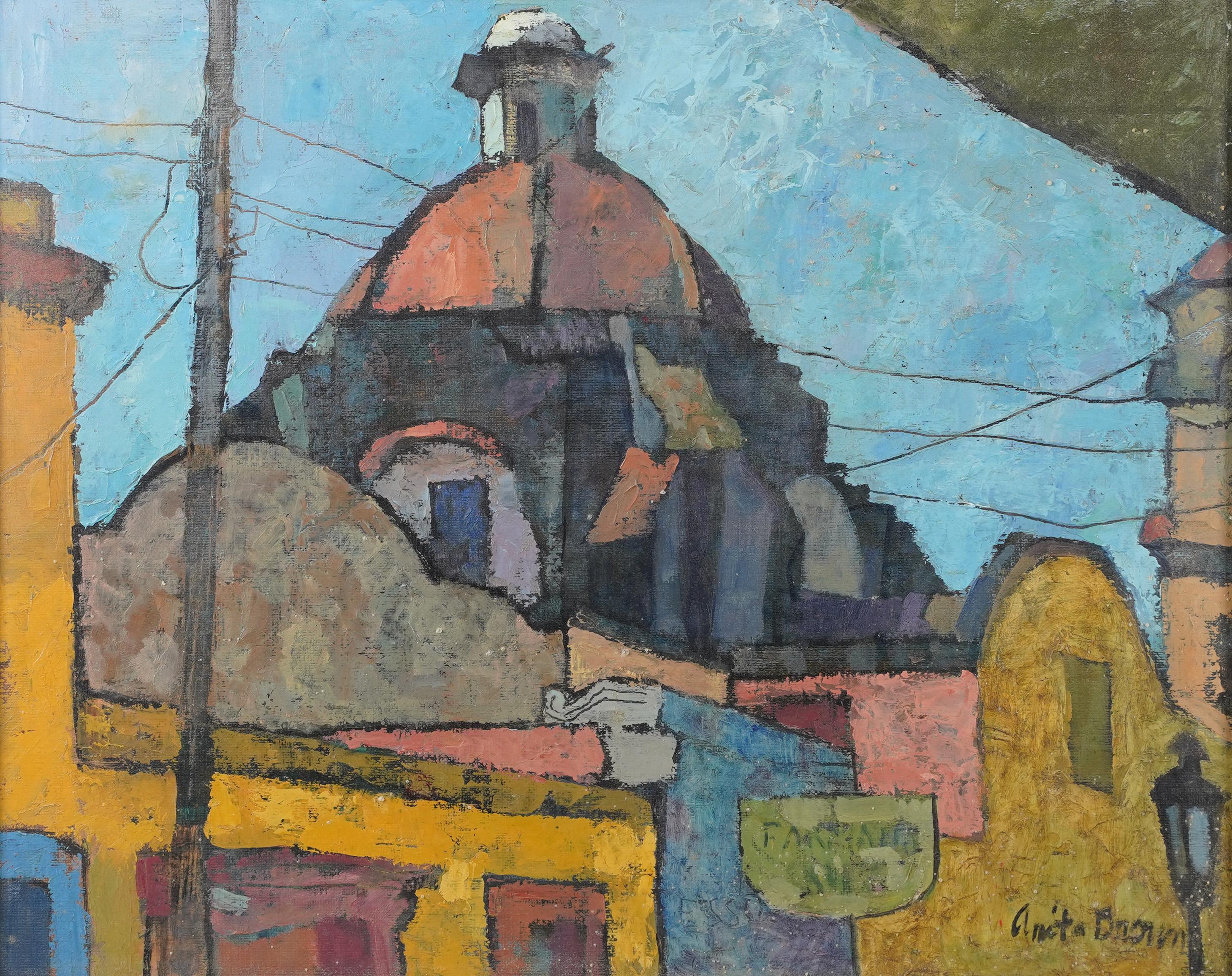 Vintage modernist cityscape painting by Anita Brown (1912 - 1997). Oil on board.  Housed in a period Heydenryk frame.  Image size, 20L x 16H.  Signed.
